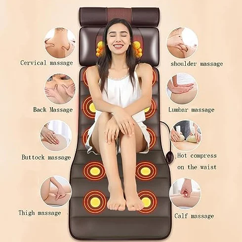 Alfombrilla de masaje con nodos de calor y vibración, alfombrilla de relajación de cuerpo completo con almohadas ajustables y almohadillas térmicas para aliviar los músculos del cuello y la espalda