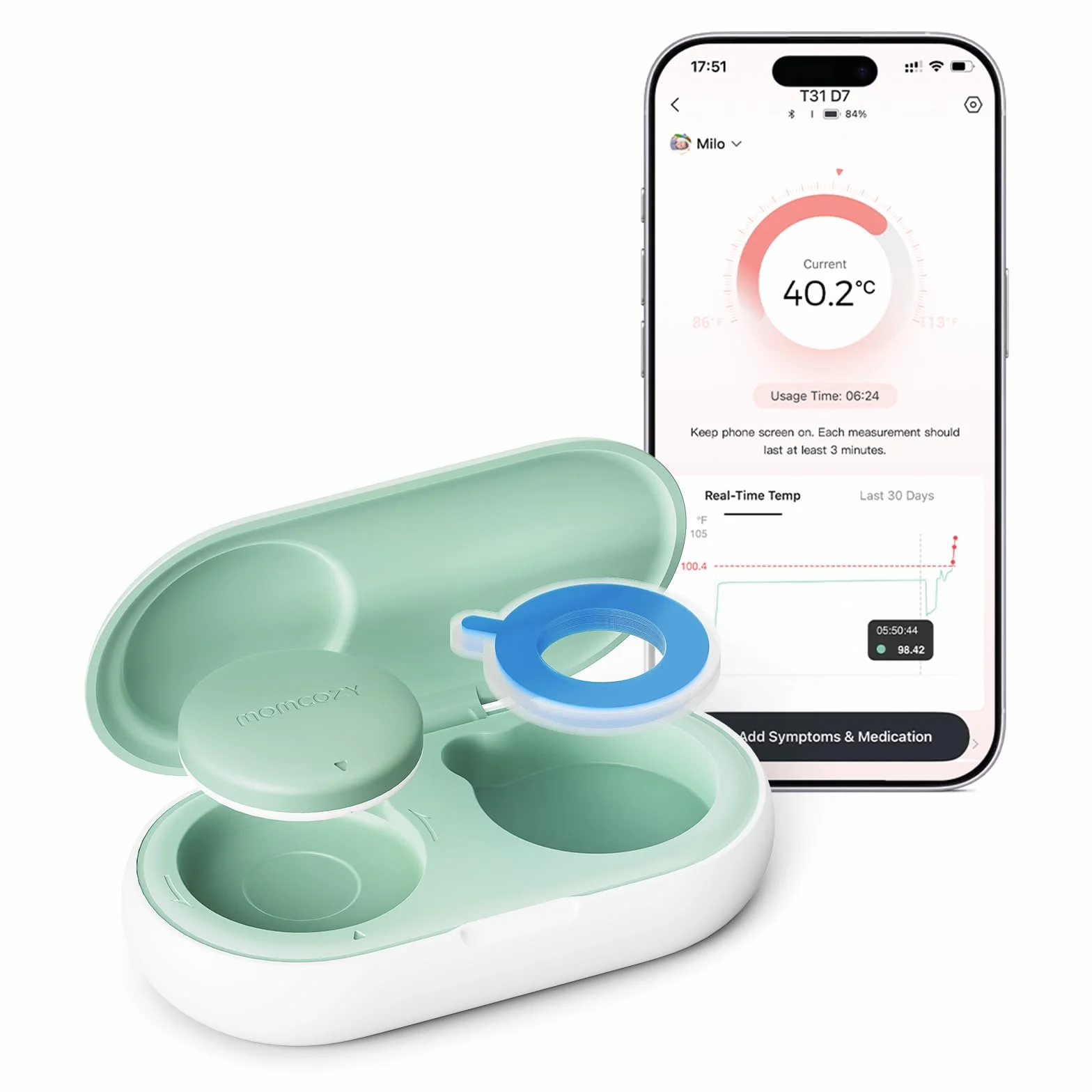 Momcozy Termometro Digital Bebe con Precisión de Grado Médico, Termometro Inteligente Bebe con Lectura Instantánea, Monitoreo en Tiempo Real vía App para Bebés y Niños, Parche Hipoalergénico 3M