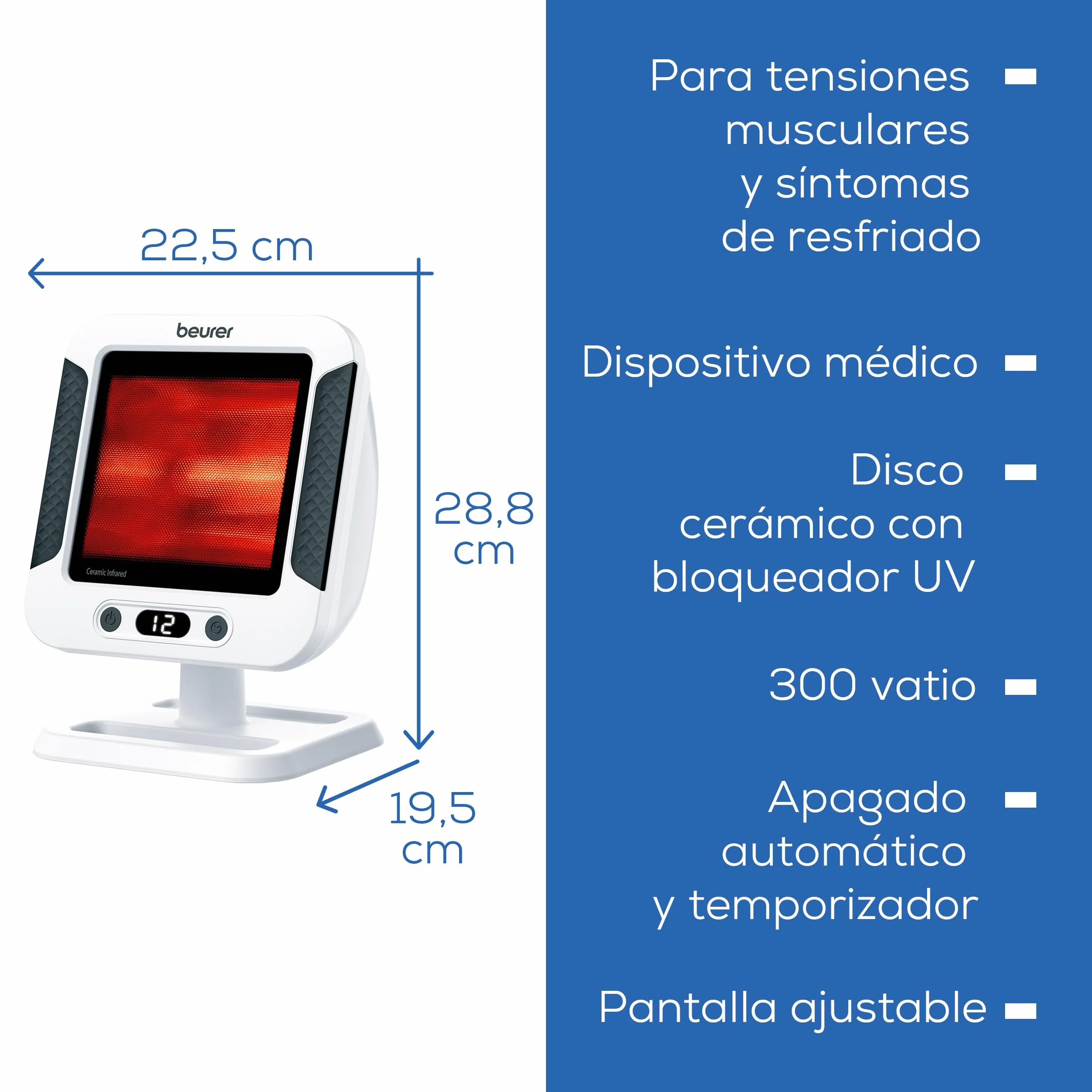 Beurer IL 60 Radiador de calor infrarrojo, calor calmante para resfriados y tensiones musculares, dispositivo médico con 300 vatios y temporizador, placa cerámica con protección UV, regulable