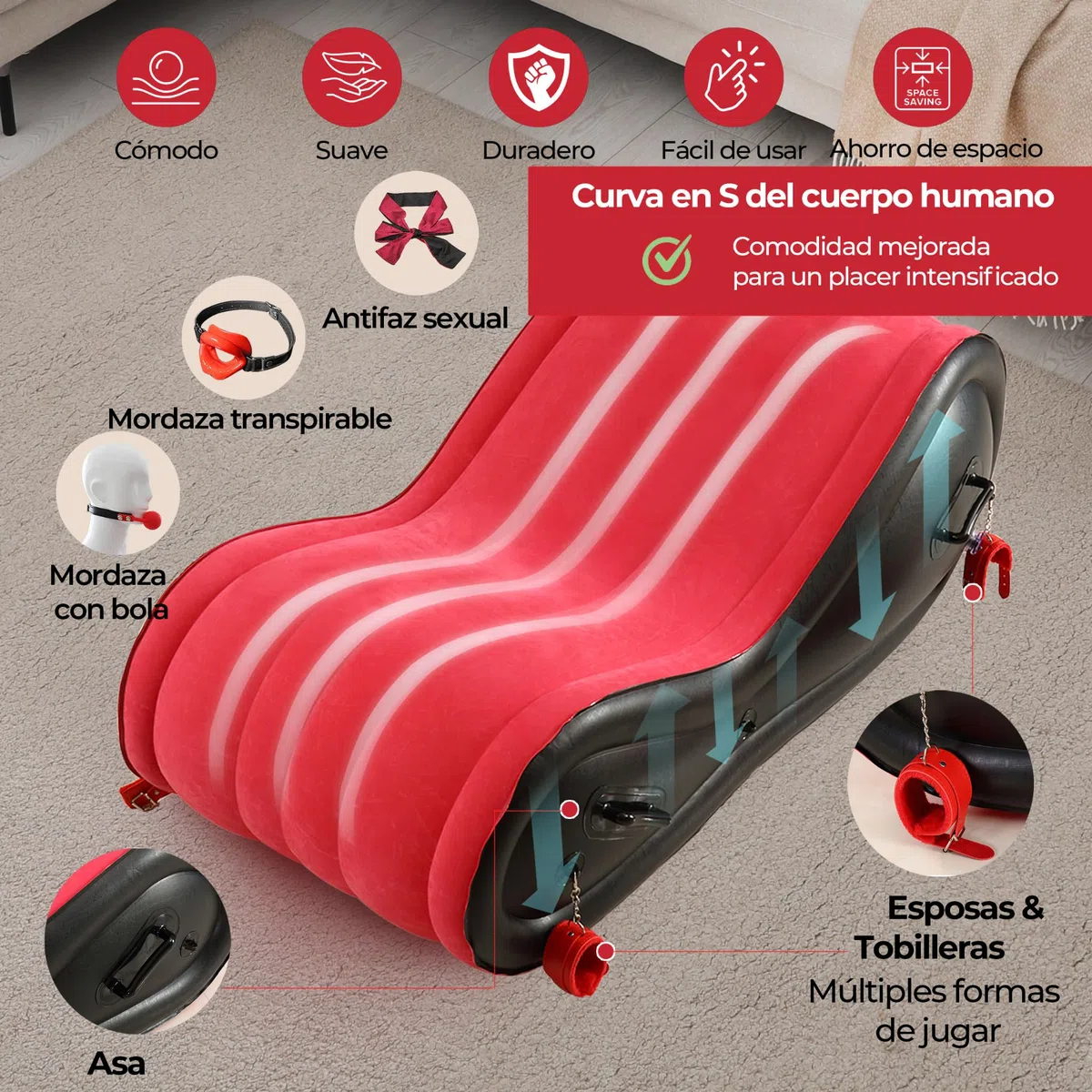 Sillon Tantra Sofá Hinchable Divan Posiciones Sexuales Sexo con Kit de Juguetes Eróticos para Parejas Adultos Incluye Esposas Bola Mordaza Transpirable y Antifaz BDSM
