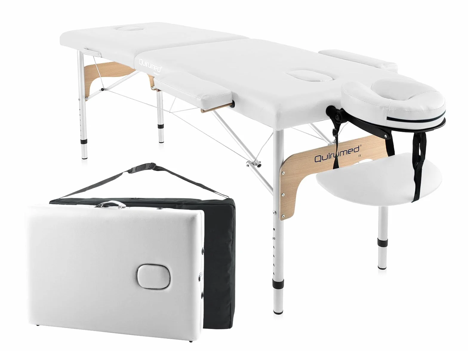 QUIRUMED Camilla de Masaje Plegable de Aluminio Easy, Color Blanco, 180 x 60 cm, Polipiel, Portátil, Ligera Cabezal extraíble, Orificio Facial, Altura Regulable, hasta 120 kg
