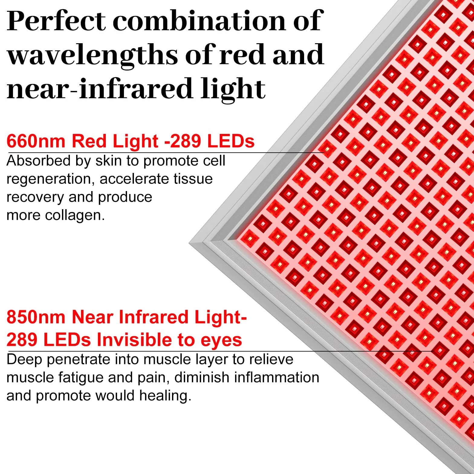 Lámpara de Luz Roja, Lámpara Infrarroja Combinada 660 nm y 850 nm, Panel de Luz Roja con 578 LED y Temporizador, para Cara, Cuerpo, Músculos y Espalda