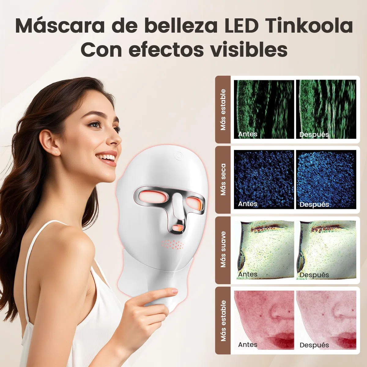 Máscara LED para Cara y Cuello Recargable USB-C con 7 Modos de Luz Diseño Inalámbrico para Uso Diario Hogar Viajes Yoga (Plata)