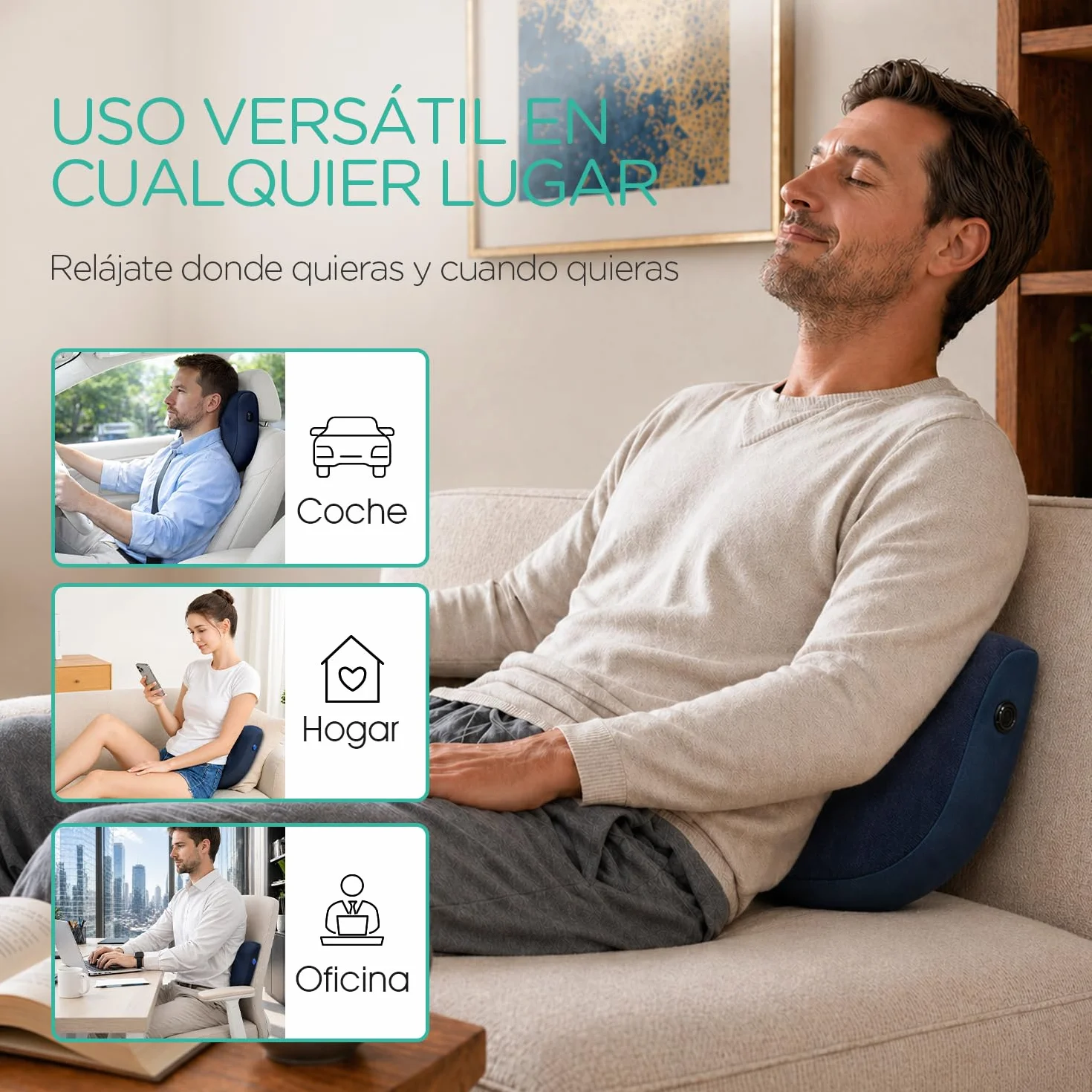 Cojín Masajeador Shiatsu Inalámbrico Recargable Cervical y Espalda Alivio Dolor Masaje Profundo Silencioso YZ300 Azul
