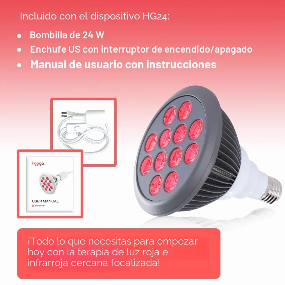 hooga Red Light Therapy by with Power Cord. Red 660nm Near Infrared 850nm 12 LEDs. High Irradiance, Combo Treatment for Skin, Pain Relief, Anti Aging, Muscle Recovery, Performance. HG24.