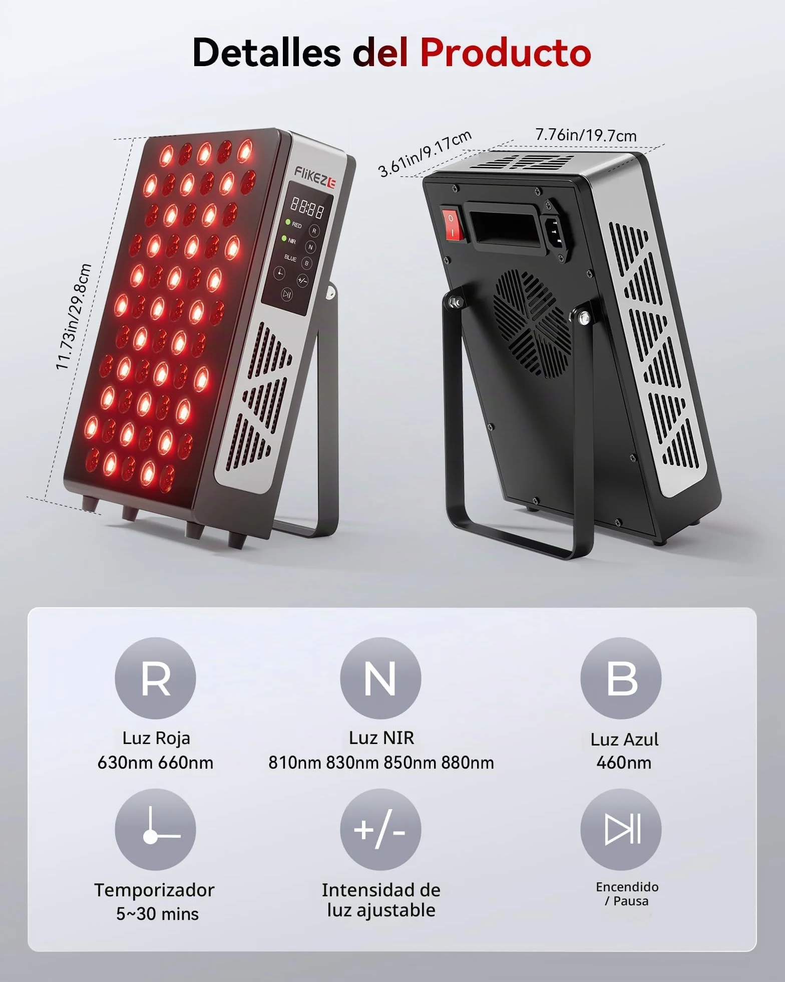FliKEZE Panel de Luz Roja (Equipamiento Superior), 7 Longitudes de Onda Incluyendo Luz Azul, Luz Roja y Luz Infrarroja Cercana, para Tratar Tejidos Profundos y Superficiales de Manera Dirigida