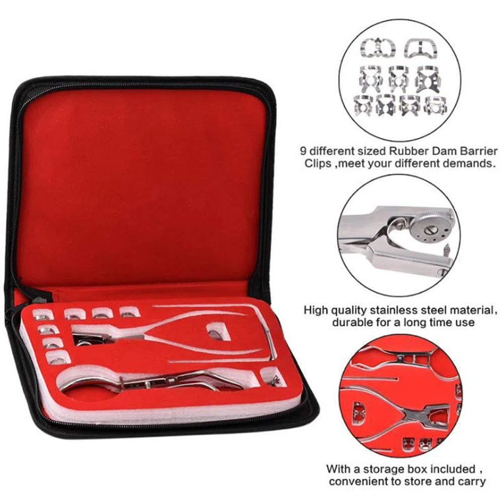 12 piezas Kit de dique de goma Perforador de goma Alicates de punzón Abrazaderas de presa Cuidado de los dientes Dental para dentista Ortodoncia.