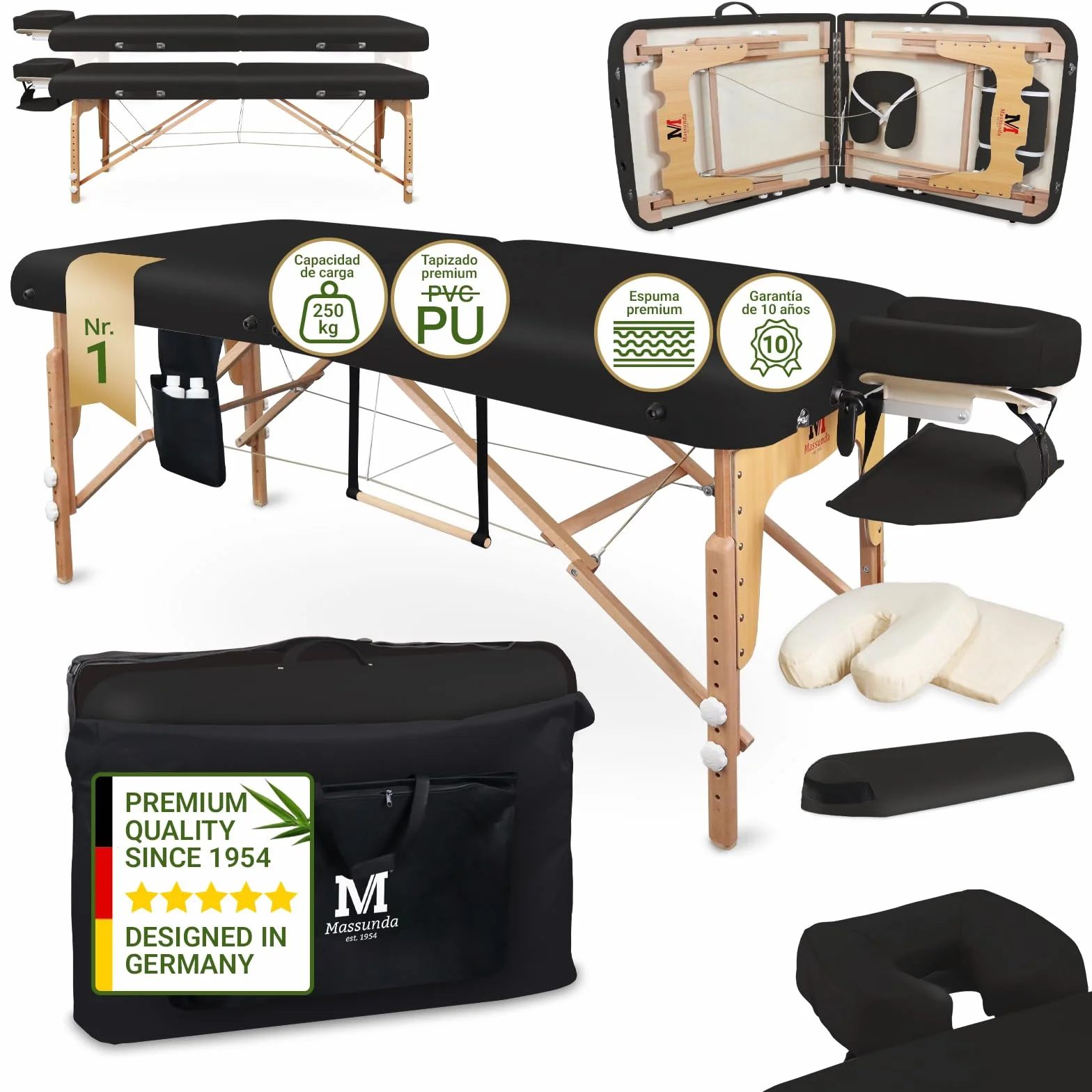 MASSUNDA Camilla Masaje Móvil Confort Deluxe Regulable en Altura Madera Maciza con Reposacabezas Ergonómico Negro