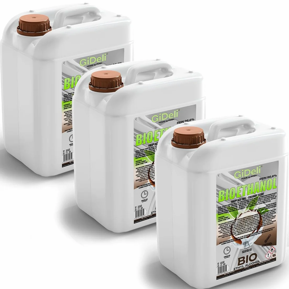 GiDeli Bioetanol - 3 x 10 l de aroma de coco 96,6% etanol para chimeneas interiores y exteriores, sin humo ni hollín, de maíz y remolacha azucarera