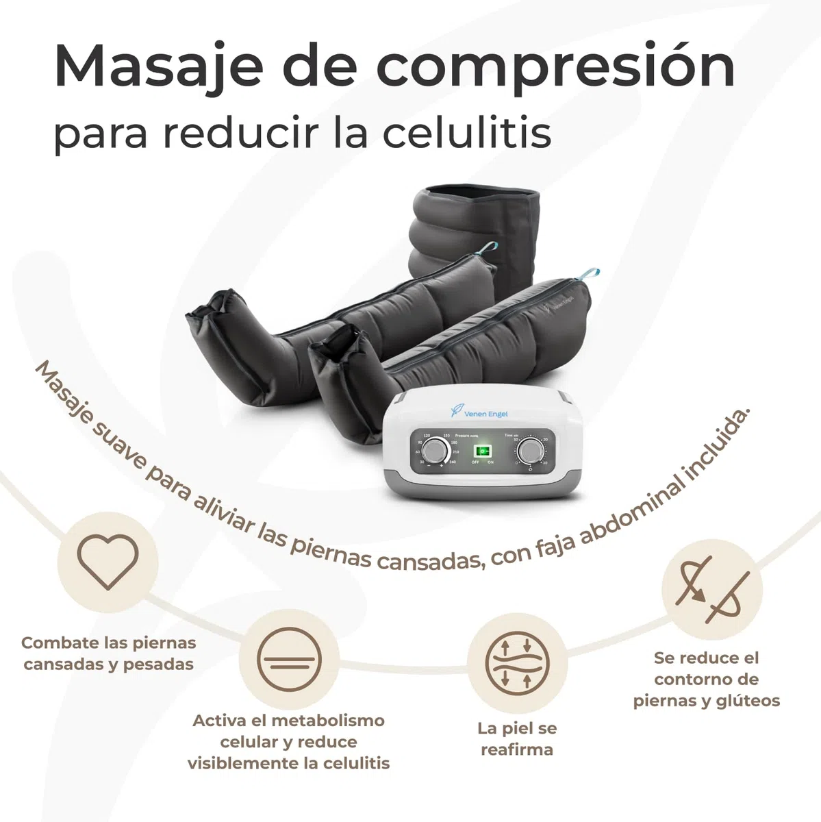 Venen Engel 4 equipo de masajes por presoterapia para casa con botas para las piernas y faja abdominal, 4 cámaras de aire, presión y tiempo fácilmente configurables