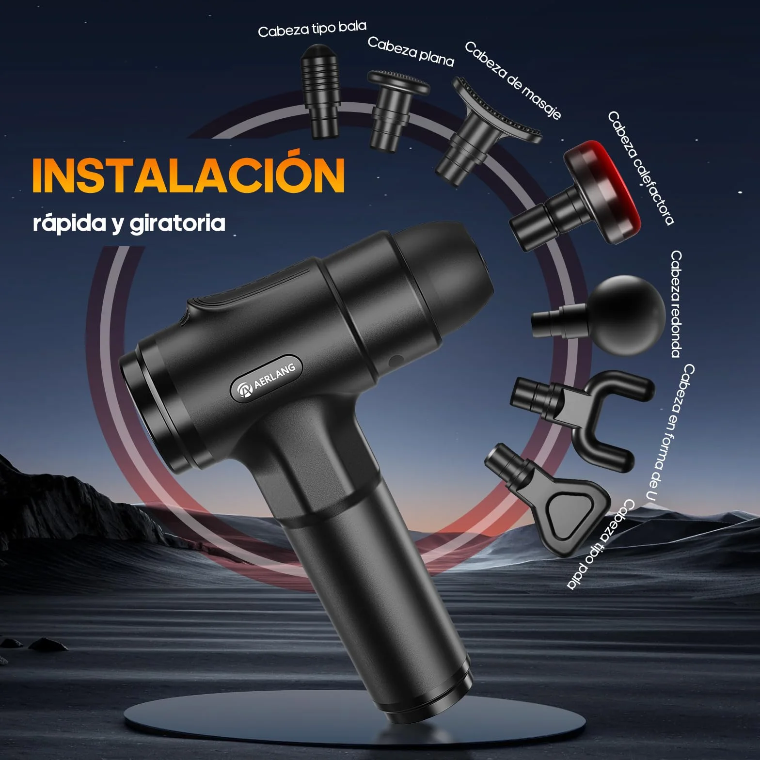 AERLANG Pistola de Masaje Muscular con Calor – Masajeador Muscular Profundo 20 Velocidades 7 Cabezales Pantalla LED