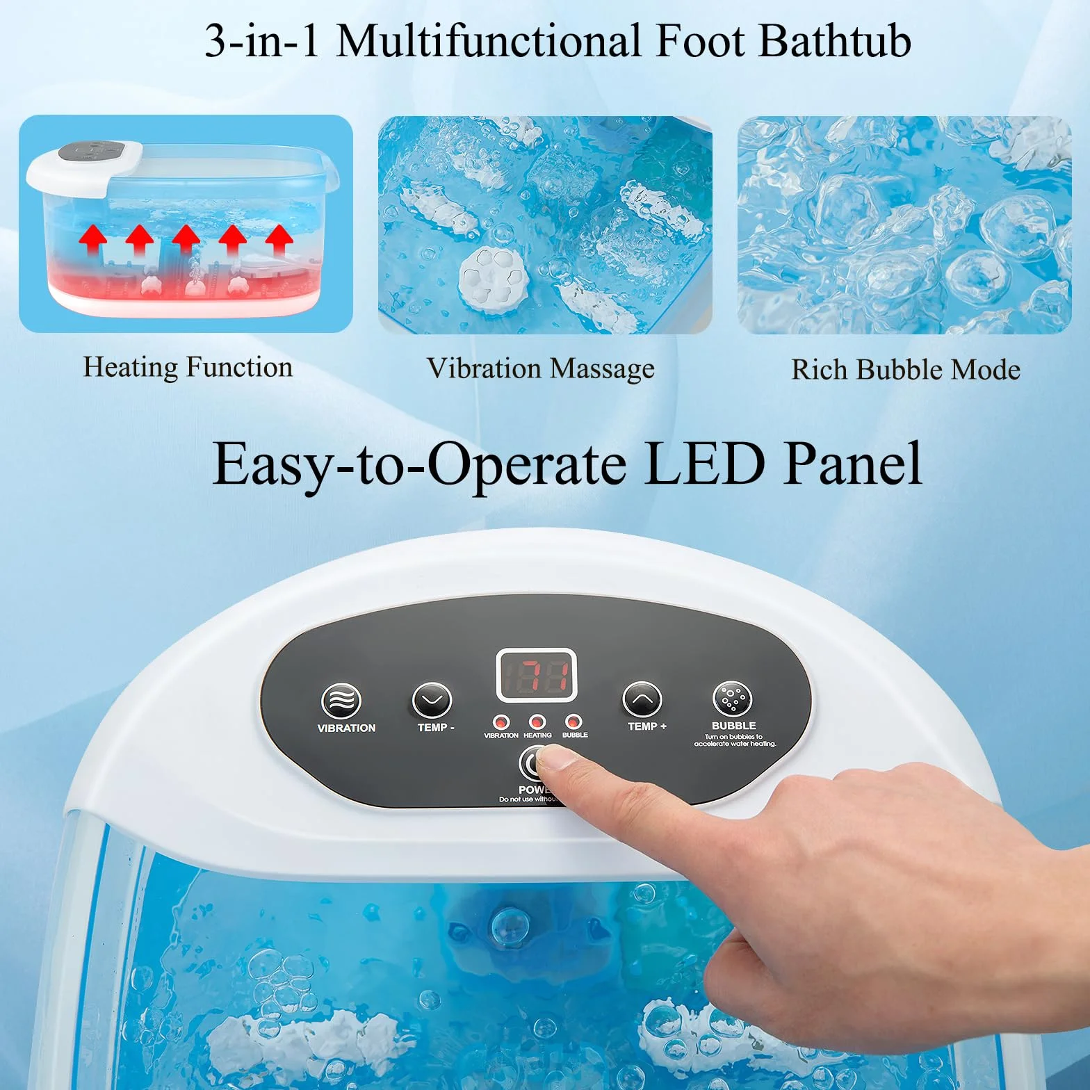 HOMASIS Pediluvio eléctrico con masaje de agua, burbujas de aire caliente, control de vibración y temperatura, temporizador 1 hora (Azul)