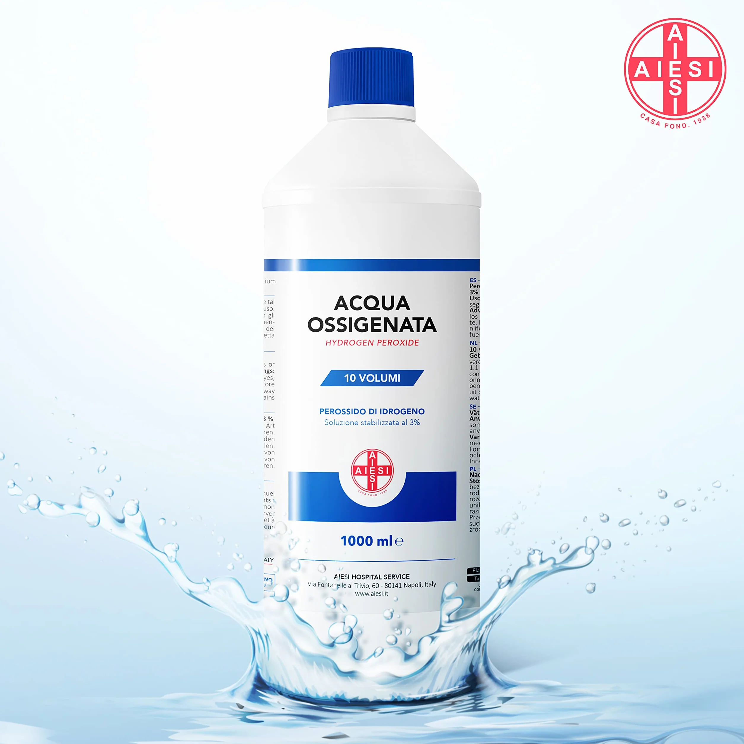 AIESI® Agua Oxigenada Ph.Eur. desinfectante (12x1000 ml) con tapa de seguridad para niños, Made in Italy