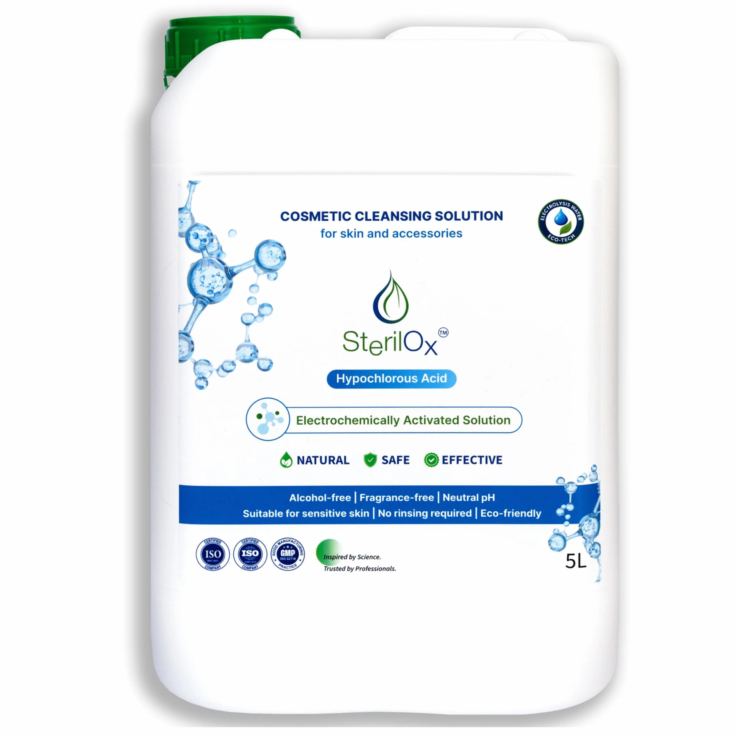 5L Solución Cosmética de Limpieza Higiénica para Piel y Superficies – Ácido Hipocloroso (HOCl), Sin Alcohol, Sin Perfume, Sin Aclarado, Uso Profesional y Doméstico