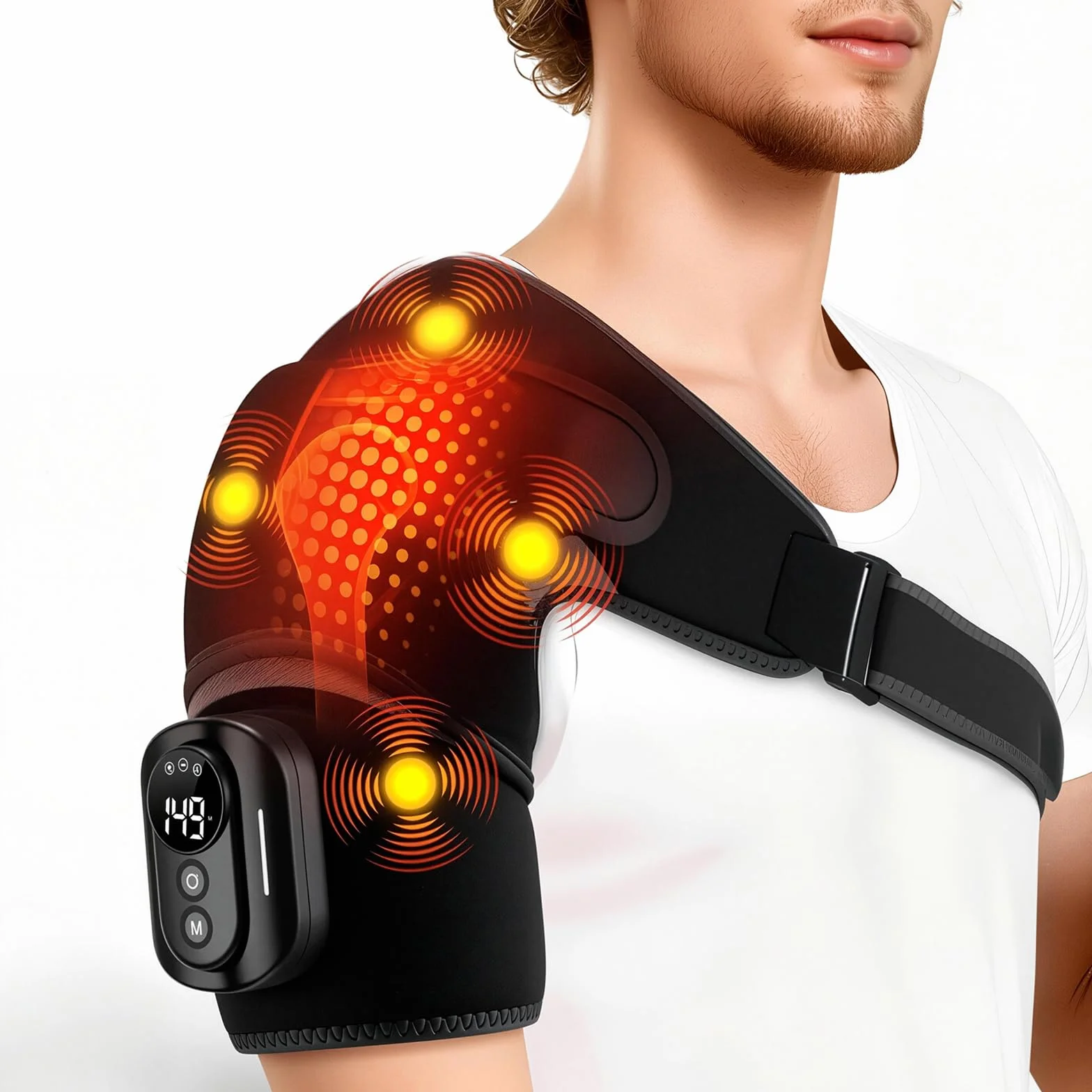 Masajeador de hombros con almohadilla térmica, 5 niveles de calentamiento, 5 modos de vibración, batería 5000 mAh, ajustable