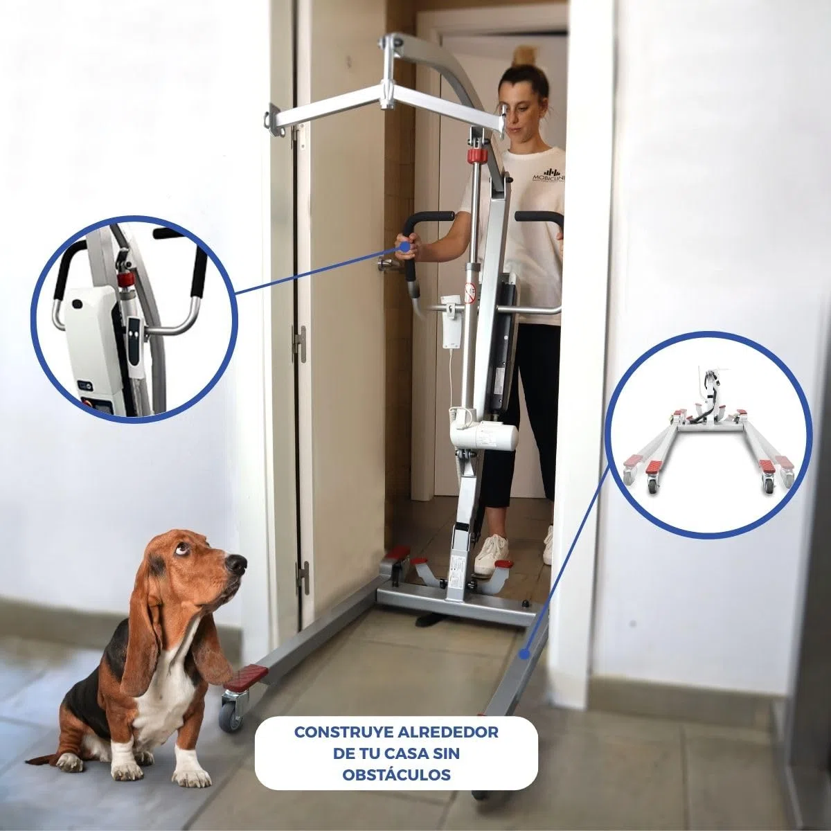 Mobiclinic®, Grúa para Personas Mayores Eléctrica, Plegable, hasta 180 kg, Estructura ya Montada, Incluye Arnés de Transferencia, Ancho Ajustable, Ruedas con Freno, Segura, Acero, Fortuna