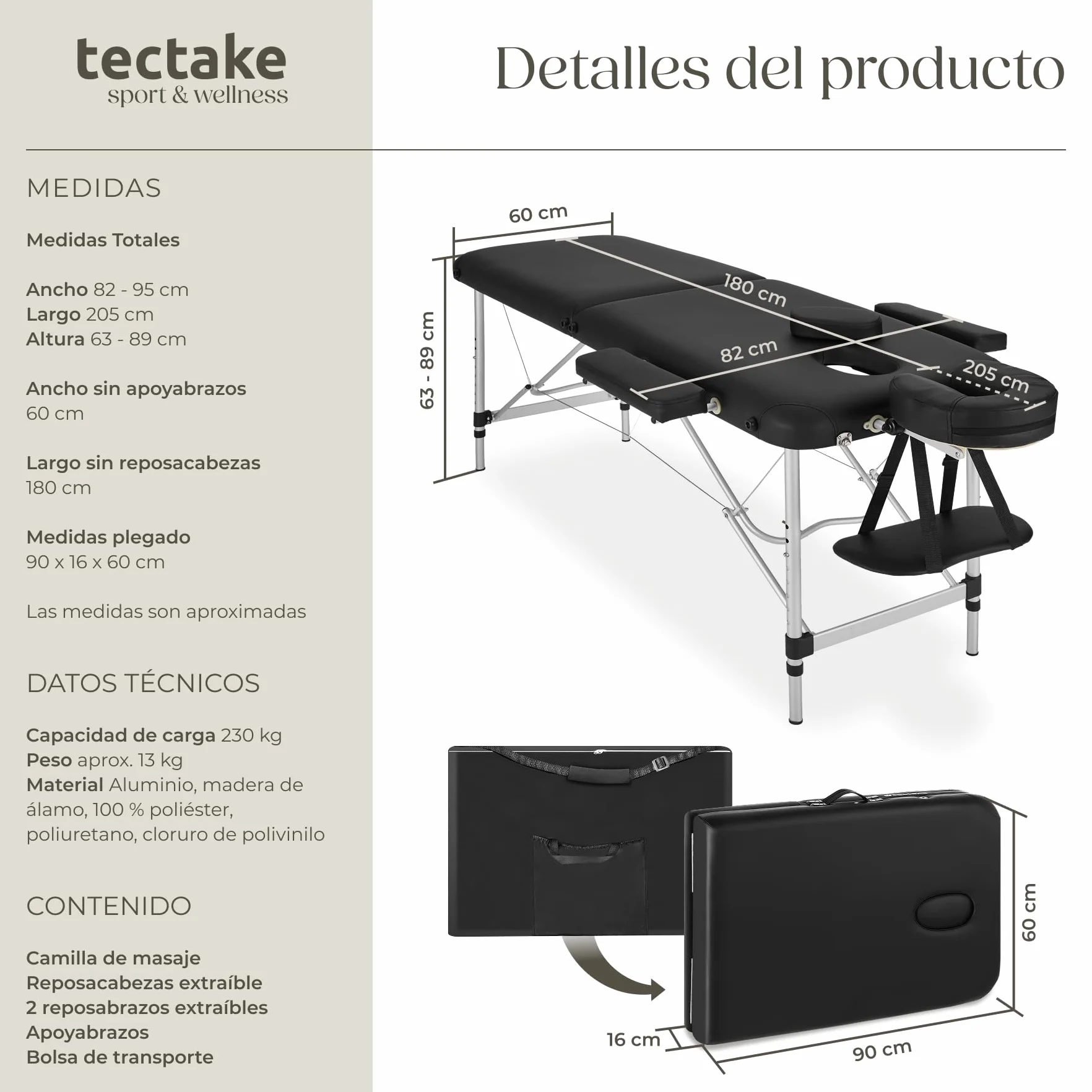 Tectake Camilla Masaje Plegable Profesional Aluminio Ajustable Altura 2 Zonas Negro