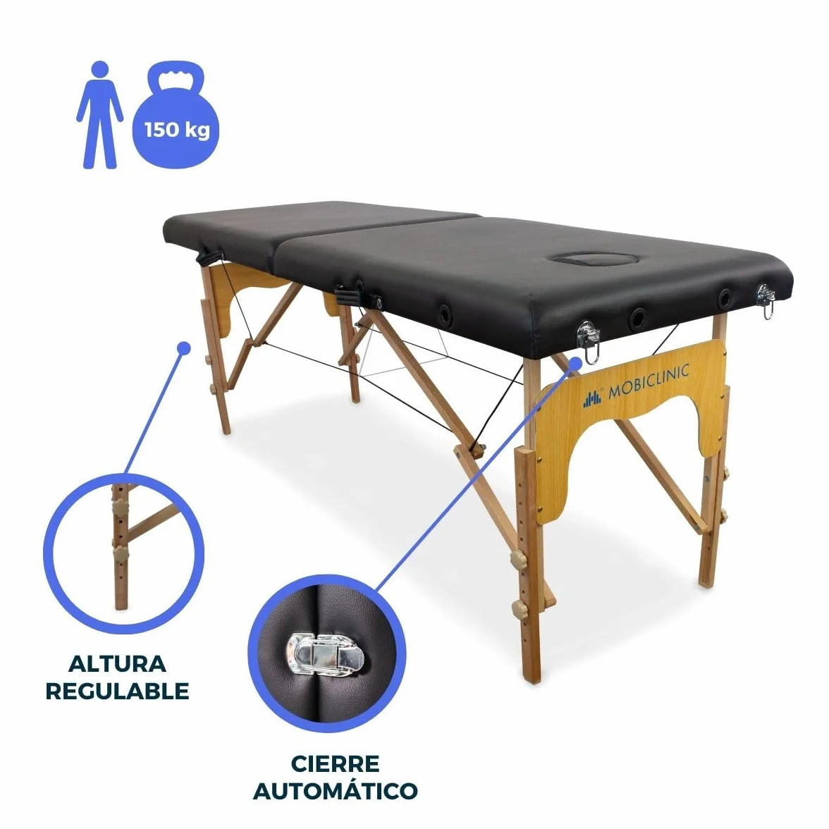 Mobiclinic Camilla de Masaje Plegable CM-01 Basic Profesional Portátil Madera 180x60 cm Negra