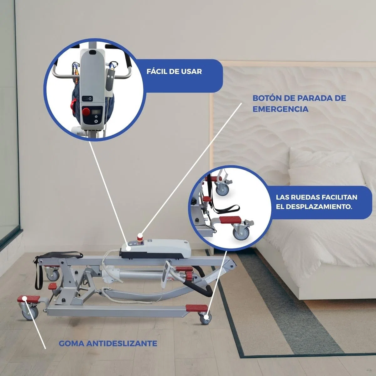 Mobiclinic®, Grúa para Personas Mayores Eléctrica, Plegable, hasta 180 kg, Estructura ya Montada, Incluye Arnés de Transferencia, Ancho Ajustable, Ruedas con Freno, Segura, Acero, Fortuna