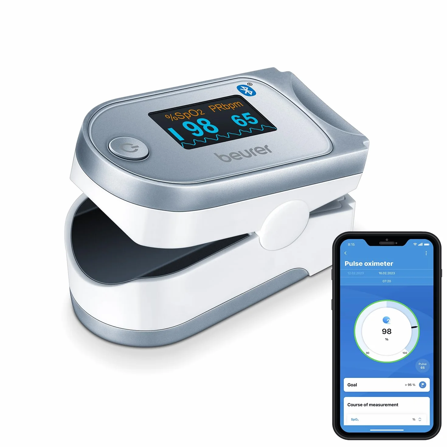 Beurer PO 60 Pulsioxímetro con Bluetooth, Oxímetro con Bluetooth, determinación de la saturación arterial de oxígeno en sangre, medición indolora y pantalla a color de fácil lectura