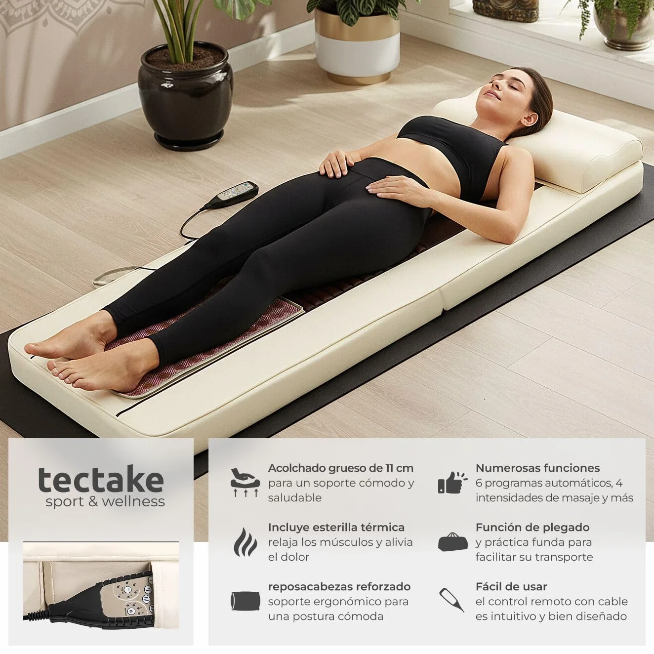 tectake® Colchoneta Masajeador Espalda con Alfombrilla de Calor de Jade, 10 Cabezales de Masaje Plegable con Bolsa de Transporte para Masajeador Espalda y Cuerpo - 186,5 x 60 x 11 cm