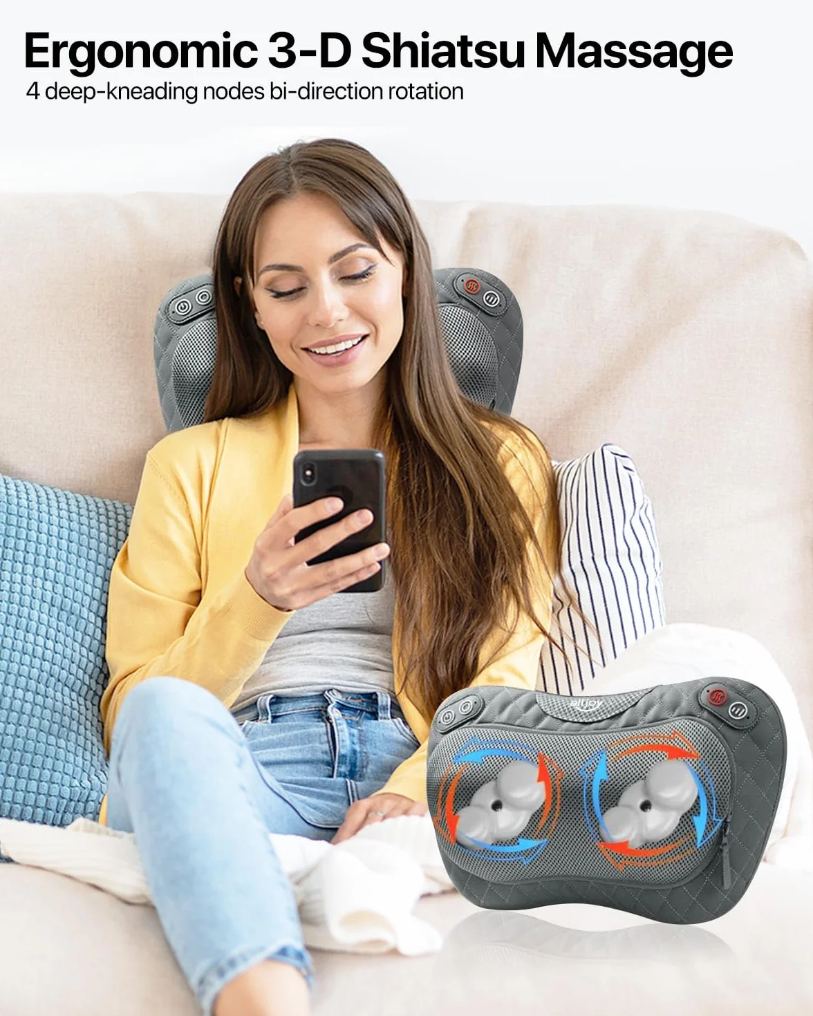ALLJOY Cojín de Masaje Inalámbrico Shiatsu con Calor para Cuello y Espalda, 3 Niveles 4 Nodos, Regalo para Coche Hogar