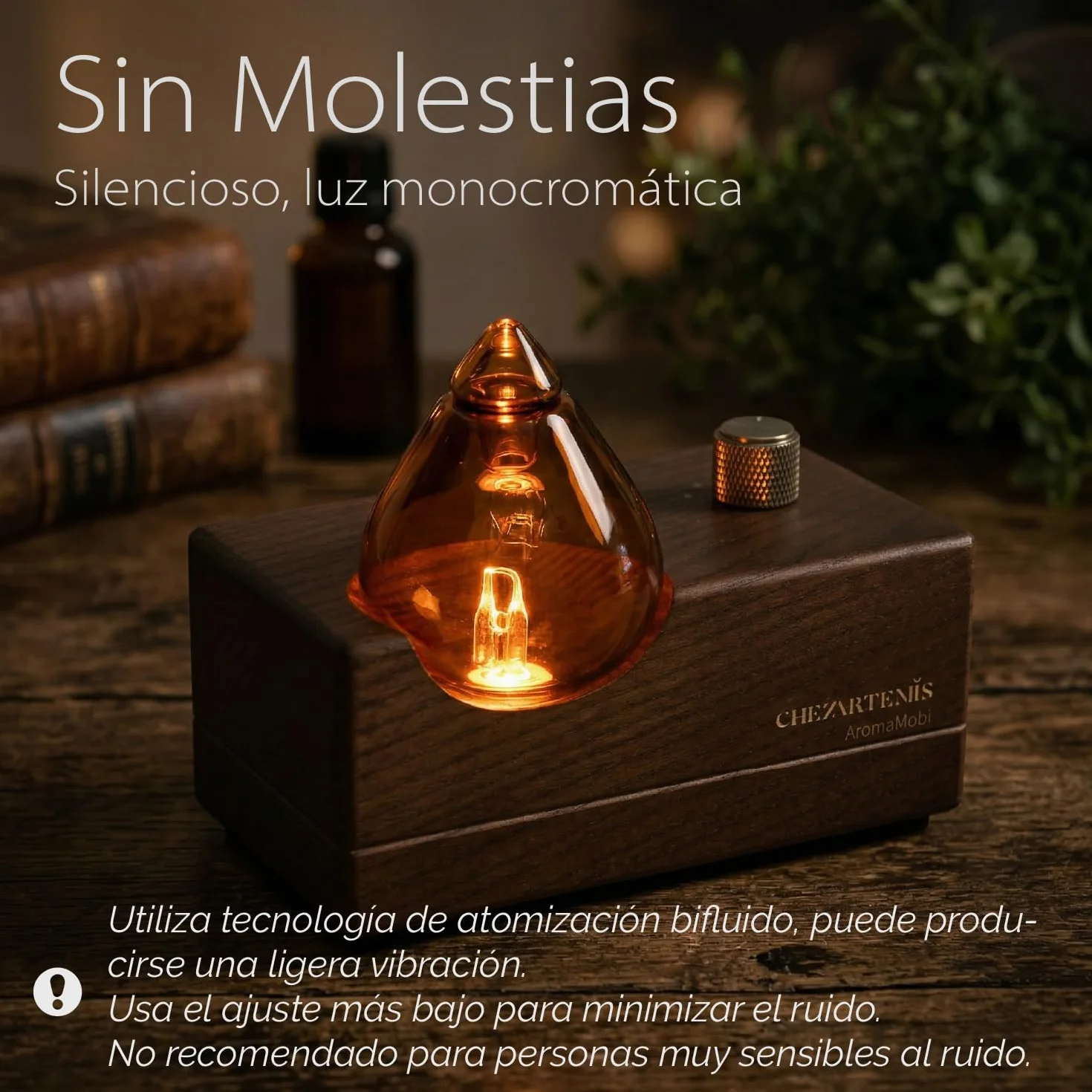 Amber Aromaterapia Difusor Aceites Esenciales Sin Agua Nebulizador Vidrio Ámbar Madera Nogal Recargable Inalámbrico Hogar Temporizador LED