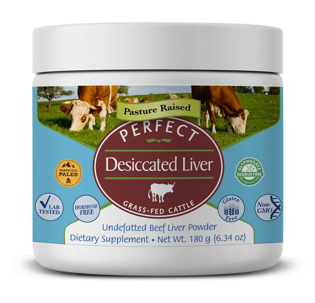 Perfect - Polvo de hígado desecado, 100% alimentado con pasto, suplementos de hígado de res natural argentino sin desengrasar, 180 gramos