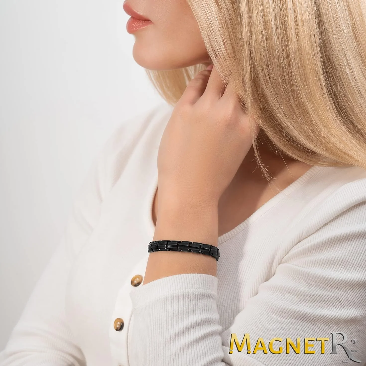 MagnetRX® Pulseras Magnéticas Mujer - Pulsera Magnética Terapéutica de Titanio con 40 Imanes Potentes - Pulsera Ajustable con Herramienta de Tamaño Incluida (Negra)