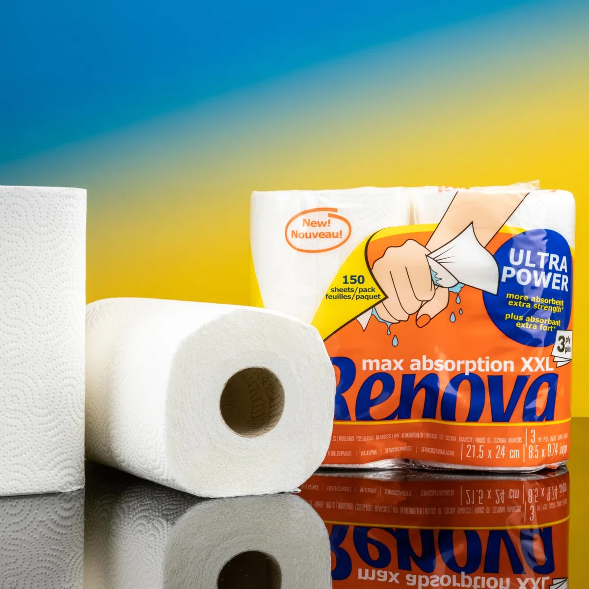 Renova Rollos de Cocina Renova UltraPower, 24 rollos XXL equivalentes a 60 rollos estándar, 3 capas absorbentes y con óptima resistencia, Papel Certificado FSC