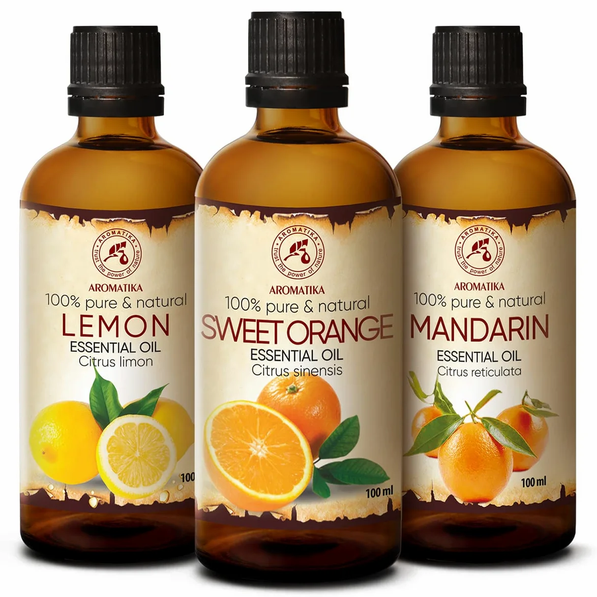 Set de Aceites Esenciales 3x100ml - Limón, Naranja, Mandarina - Para Difusor, Aromalamp, Humidificador, Lámpara Aromática - Cuidado de Uñas
