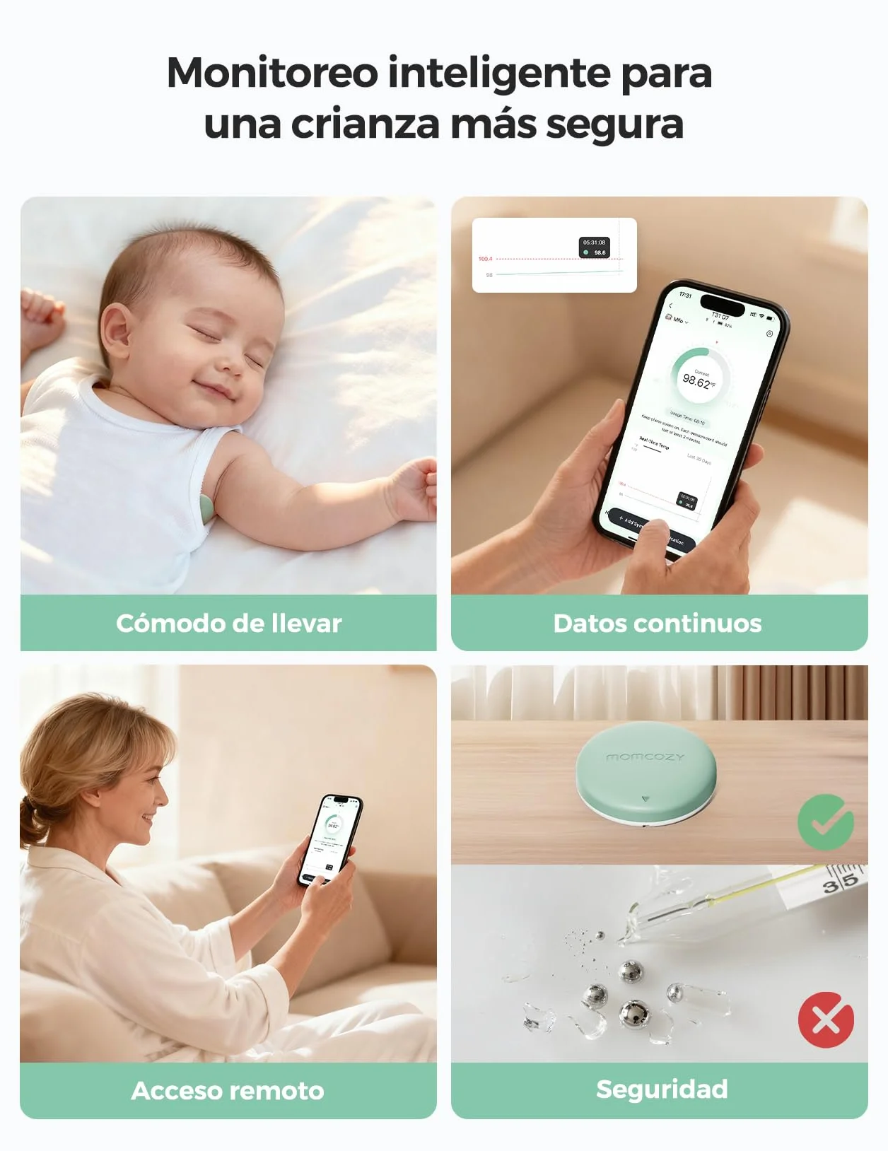 Momcozy Termometro Digital Bebe con Precisión de Grado Médico, Termometro Inteligente Bebe con Lectura Instantánea, Monitoreo en Tiempo Real vía App para Bebés y Niños, Parche Hipoalergénico 3M