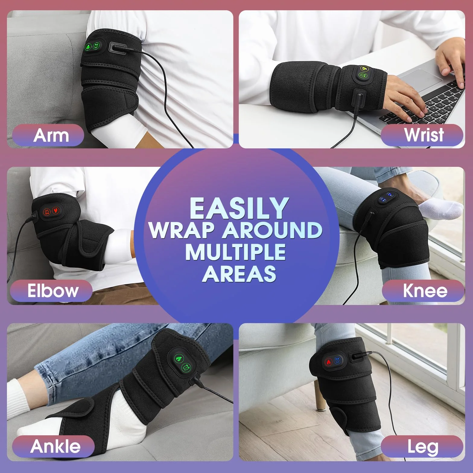 Envoltura De Almohadilla Térmica Para Brazo, Almohadilla Térmica Para Tobillo Pierna Codo Muñeca, Cinturón Envolvente Térmico Con 4 Niveles De Calefacción, 3 Ajustes De Tiempo, Adaptador -Negro