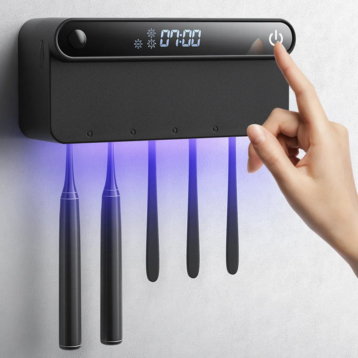 Esterilizador para cepillo de dientes con 5 soportes para cepillos de dientes y visualización de tiempo, recargable por USB, estuche desinfectante portátil montado en la pared para viajes y uso