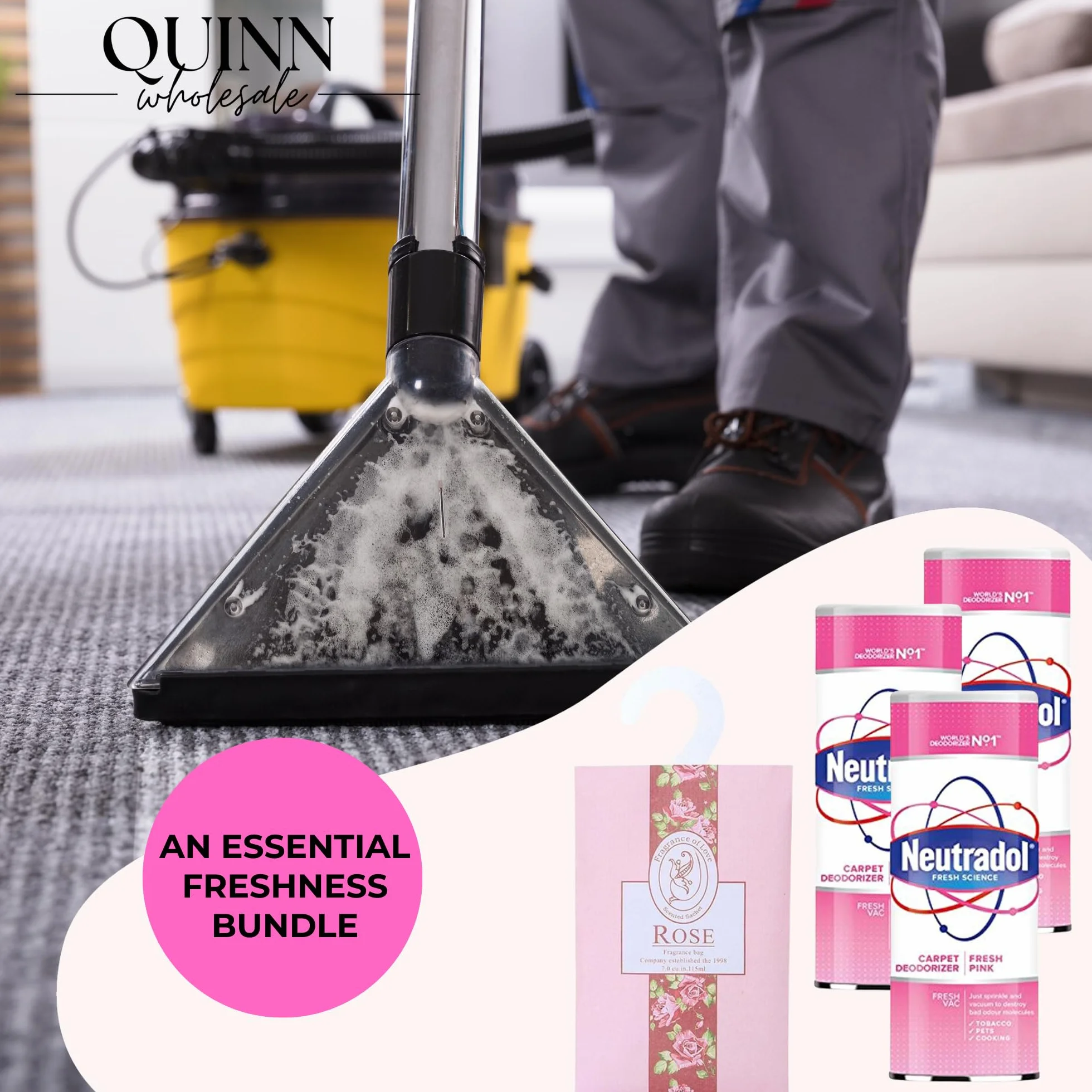 Paquete de polvo limpiador de alfombras 2 en 1: 3 ambientadores de alfombras Neutradol de 350 g, color rosa fresco + bolsita para colgar con aroma a especias (rosa)