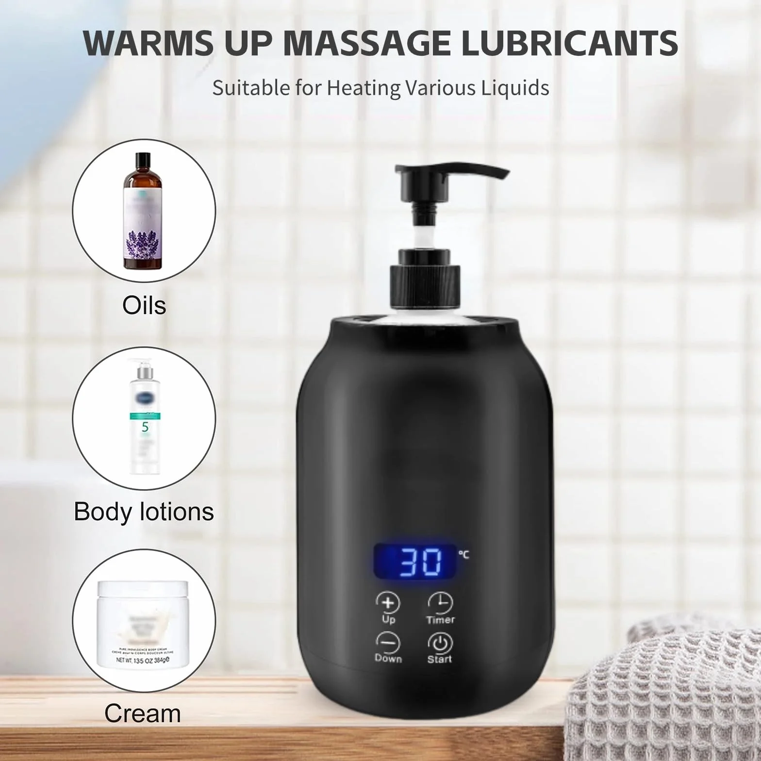 Calentador de Aceite de Masaje, Calentador de Aceite de una Sola Botella con Pantalla LED, Dispensadores de Calentador de Botella de Loción Portátil Ajustable en (Enchufe UE
