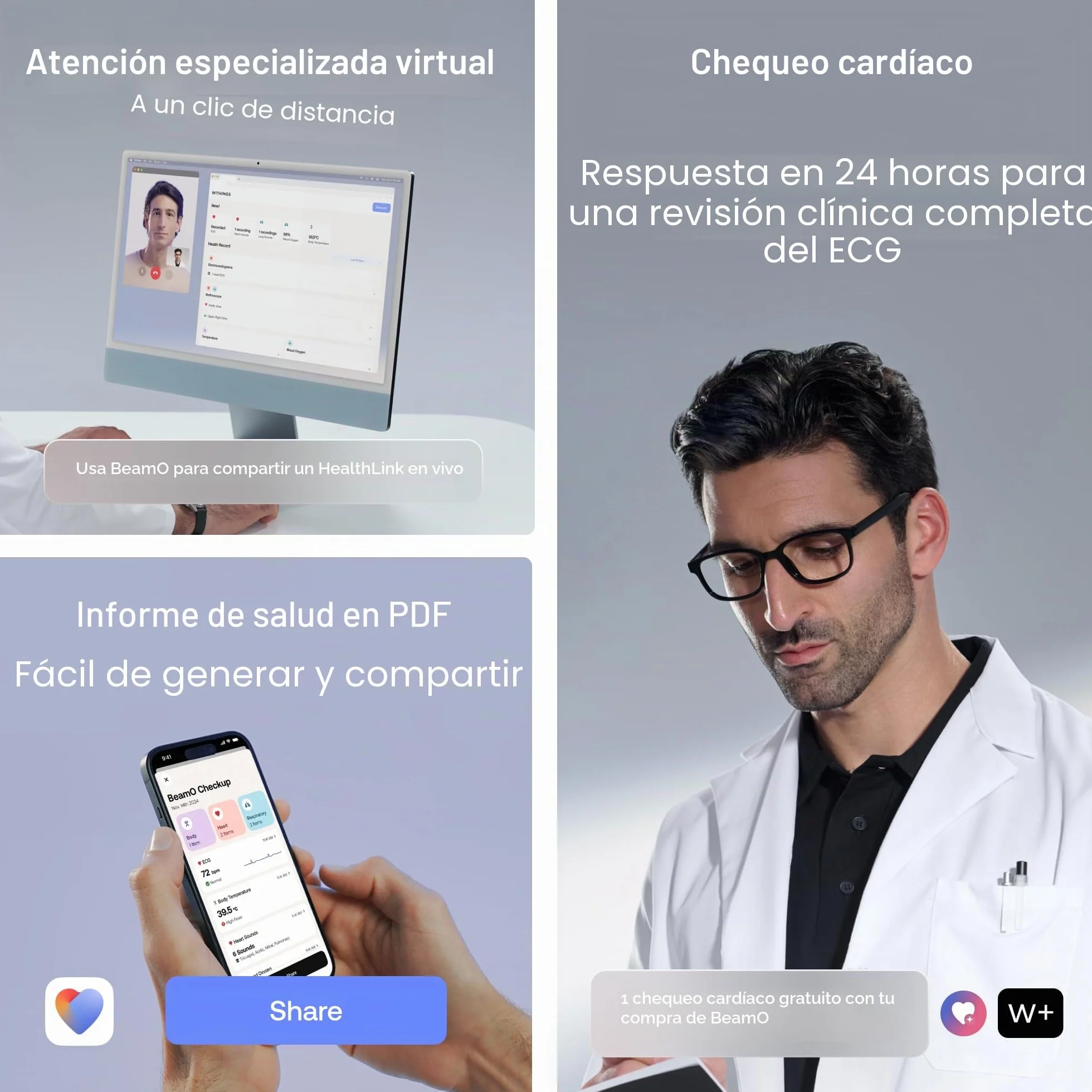 WITHINGS BeamO Termómetro Digital Inteligente sin Contacto MultiScan 4 en 1 Monitor ECG Oxímetro de Pulso Estetoscopio Digital
