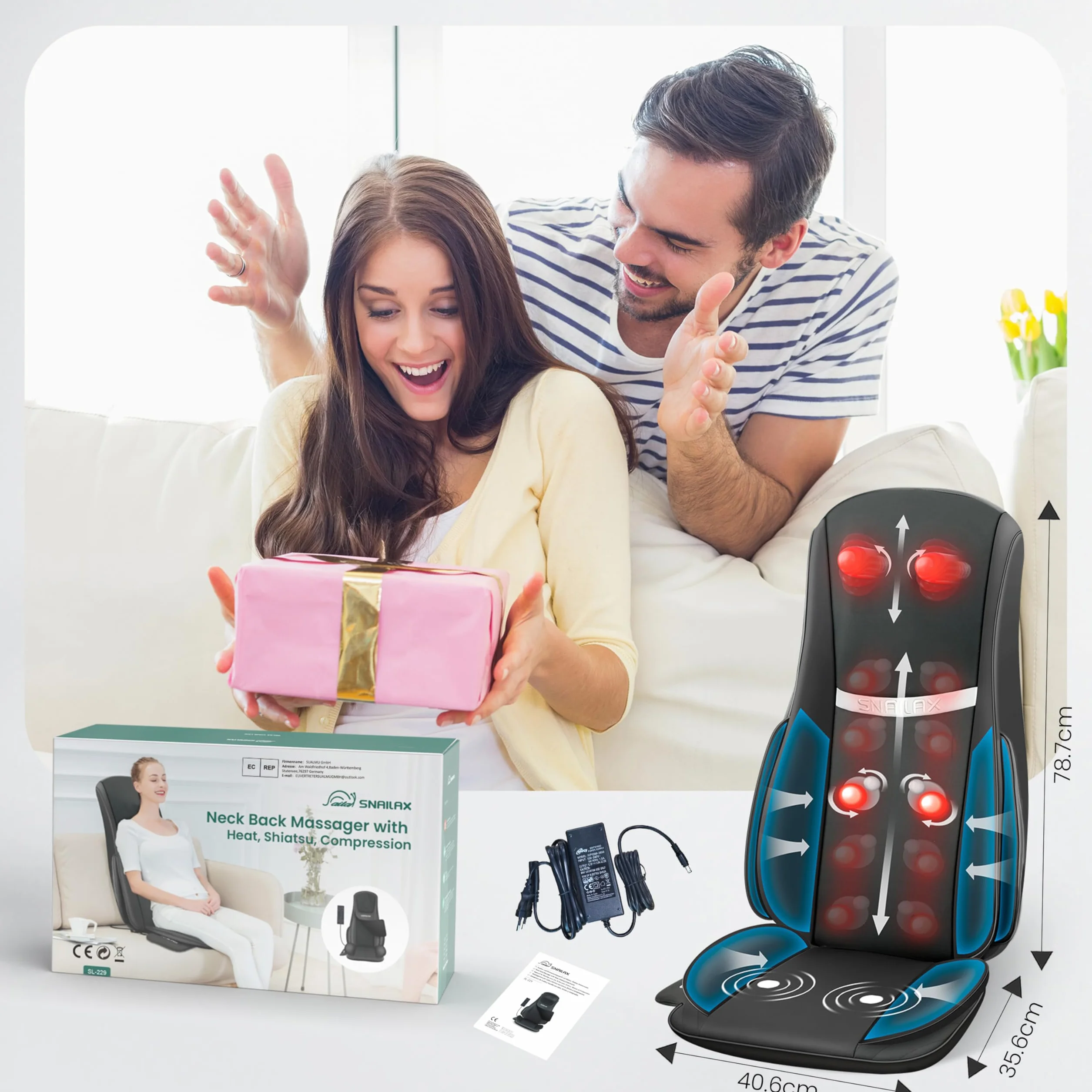 Snailax Cojín de masaje Shiatsu para espalda, cuello y hombros con compresión y vibración