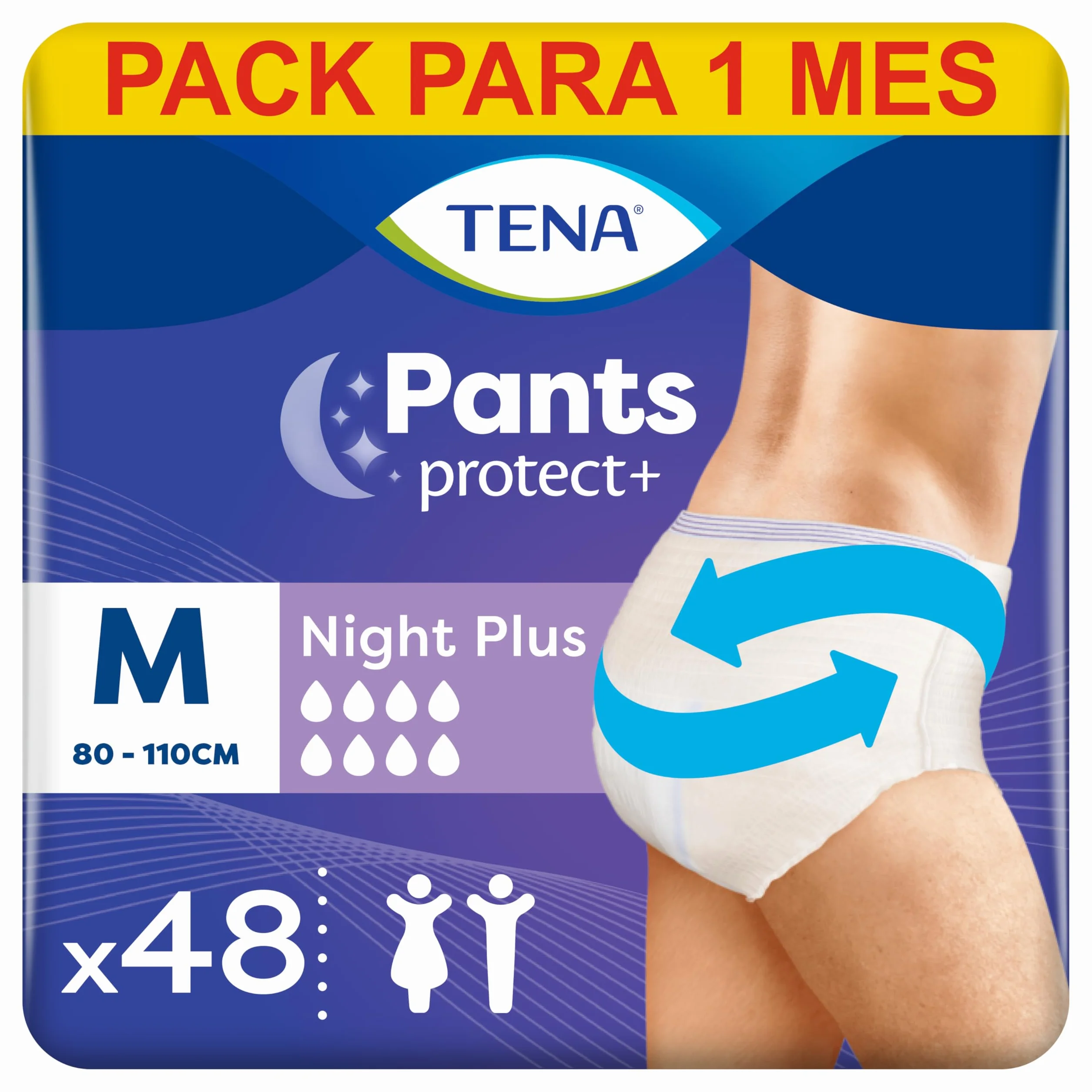 TENA Pants Plus Night x48 - Ropa Interior Desechable - 4 x 12 Unidades - Talla Mediana - Blanco