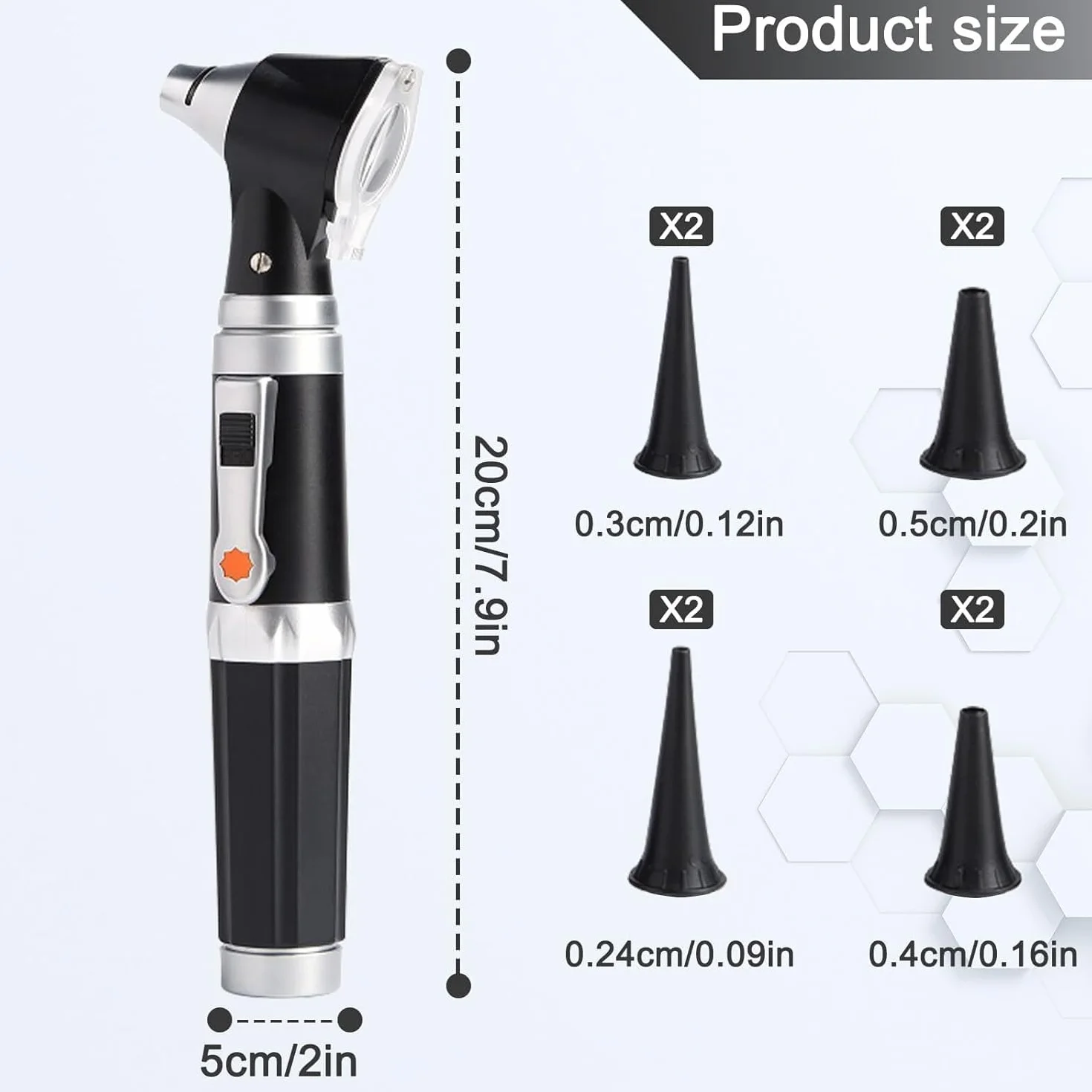Otoscopio con luz, otoscopio con luz con aumento 3x y 4 puntas de espéculo tamaño, 8 auriculares, juego de otoscopio con cubierta de plástico duro para adultos y niños y mascotas, negro