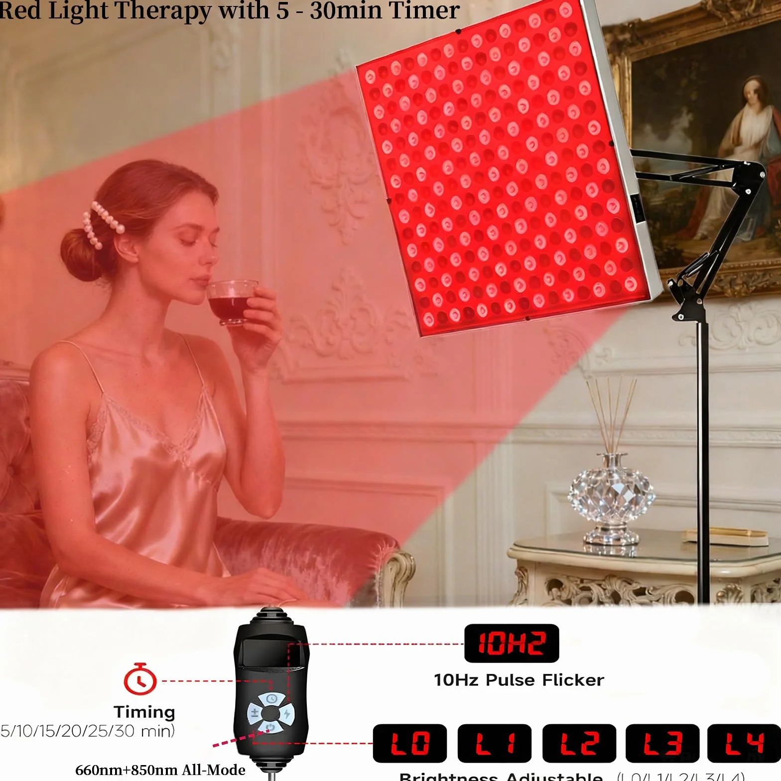 Lámpara de luz roja para cobertura corporal completa con panel infrarrojo, 225 LED de 660 nm y 850 nm, 31 x 31 cm, 5 niveles de brillo y 6 temporizadores, con modo de pulso de 10 Hz (Plata)