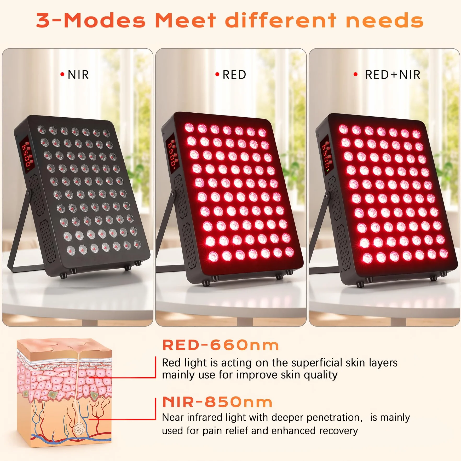 Luz Roja, Lámpara Infrarroja 660nm & 850nm, Lampara Luz Roja 120W Doble Chip 70 LEDs, con Temporizador y Soporte Ajustable, Red Light Therapy para Cara Y Cuerpo