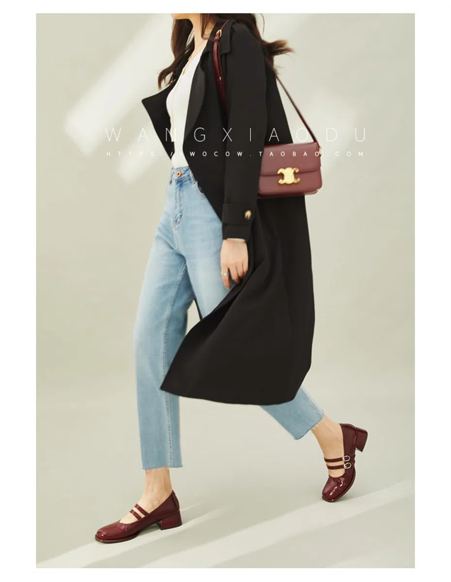 Mary Jane Zapatos Mujer Viento Colegio Retro Moda Cabeza Redonda una Palabra con un Tacón Grueso Tacón Medio Alto