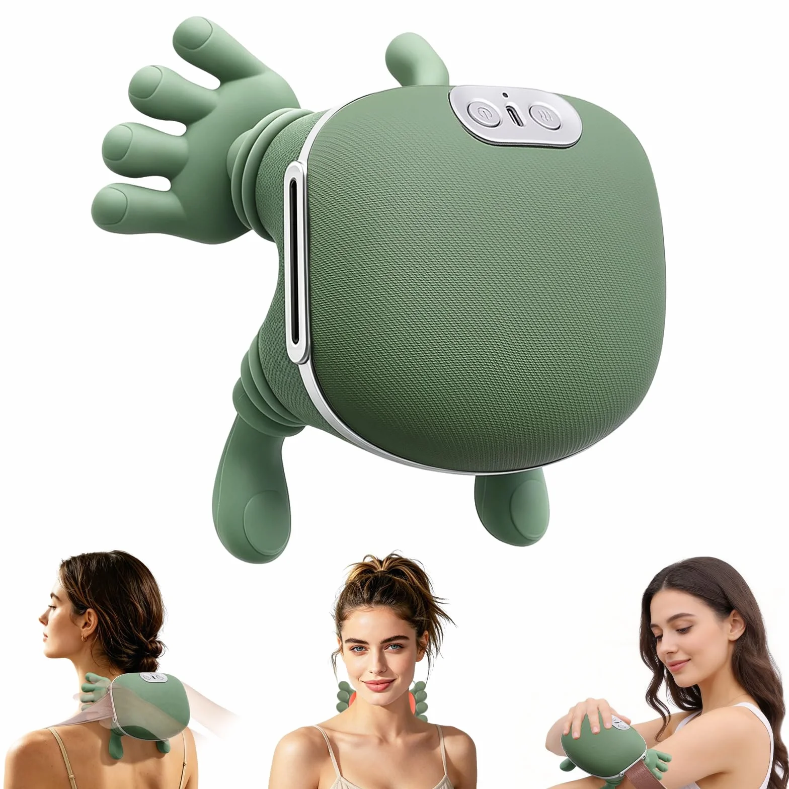 Masajeador Cervical y Espalda 4D, Masajeador de Hombros con Calor, 3 Velocidades, 2 Niveles de Calor, Verde