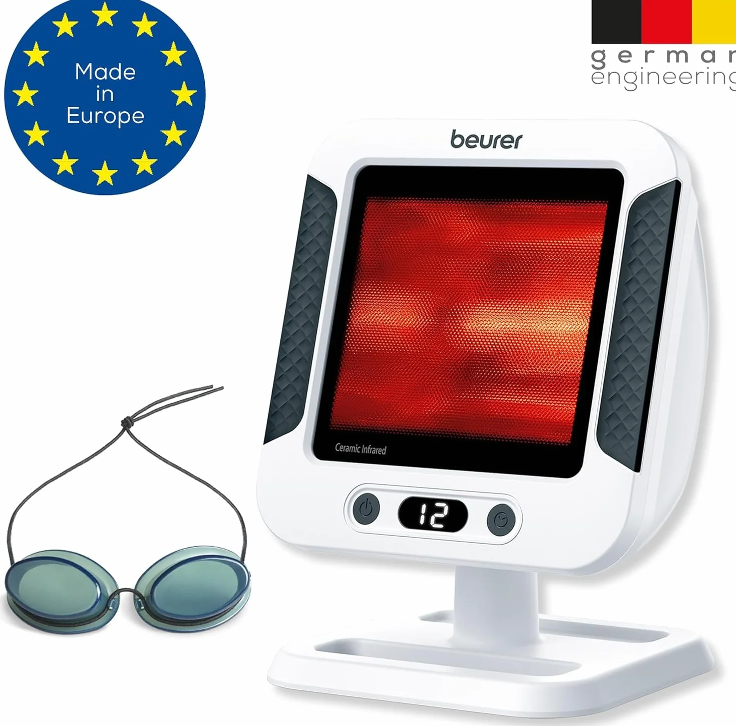 Beurer IL 60 Radiador de calor infrarrojo, calor calmante para resfriados y tensiones musculares, dispositivo médico con 300 vatios y temporizador, placa cerámica con protección UV, regulable
