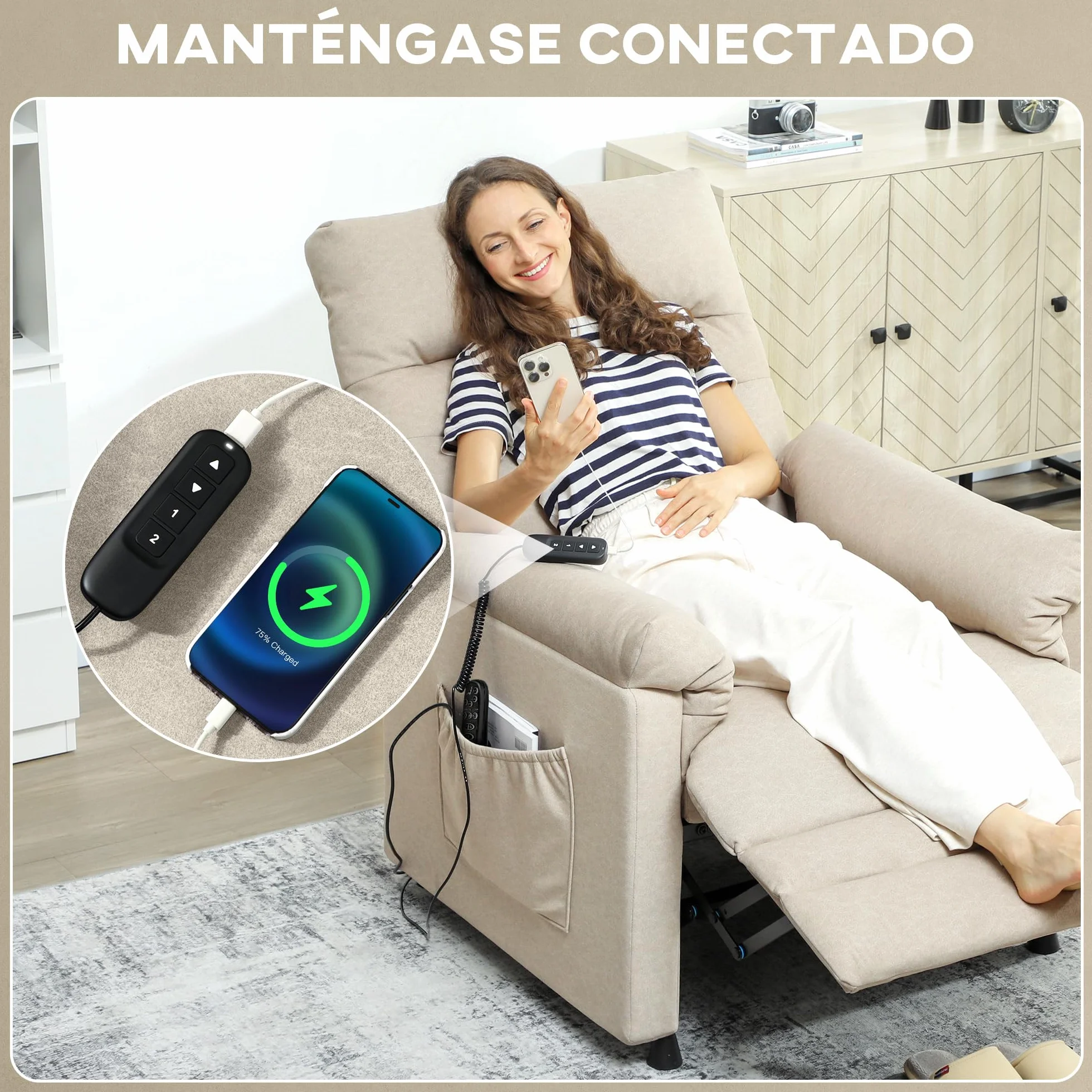HOMCOM Sillón Relax Reclinable Eléctrico con Calor Lumbar y Masaje Vibración, Beige