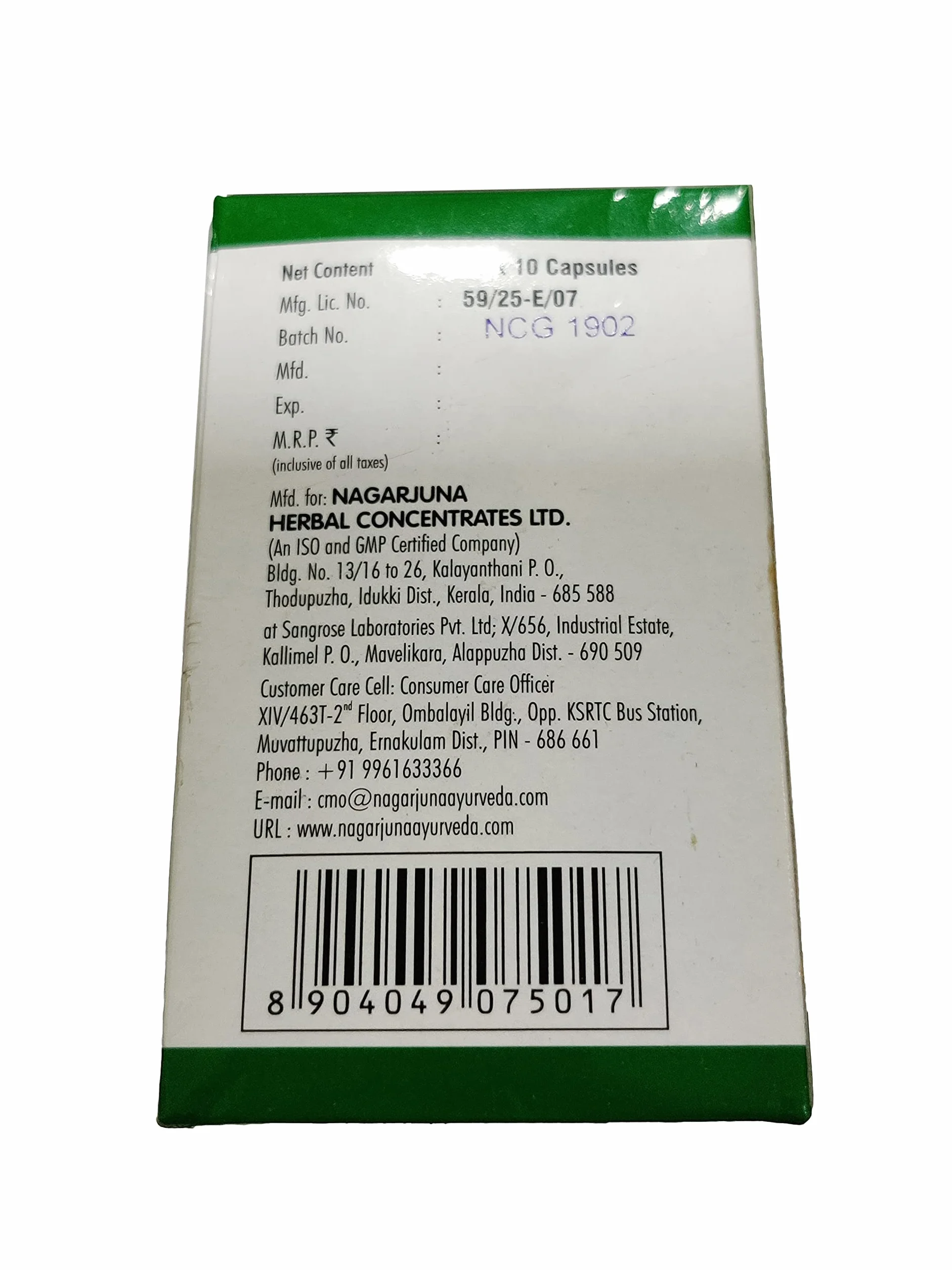 Nagarjuna Kerala Gandha Thailam Capsule 10 pestañas x 2 unidades