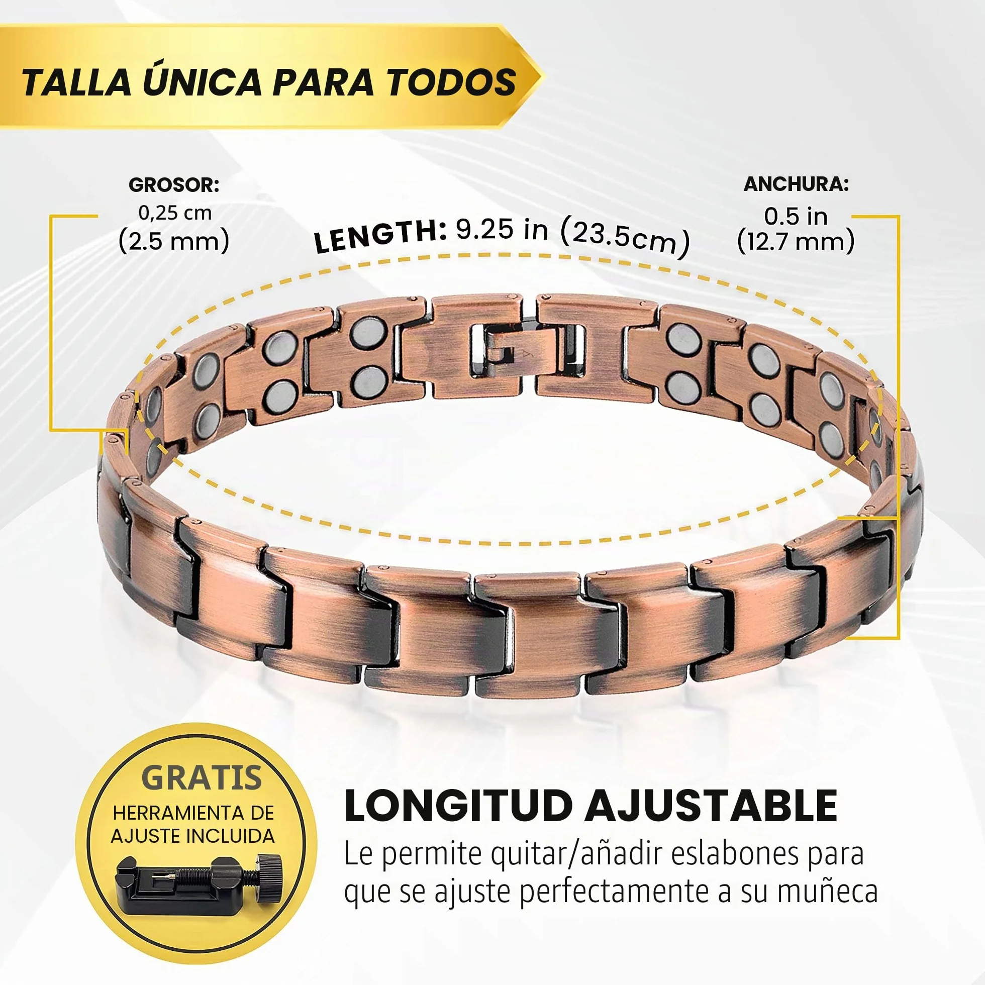MagnetRX® Pulsera Cobre Hombre – Pulsera Magnética Hombre de Cobre Puro con Imanes para Magnetoterapia, Alivio de Artritis y Túnel Carpiano – Tamaño Ajustable con Herramienta Incluida – Modelo Leo