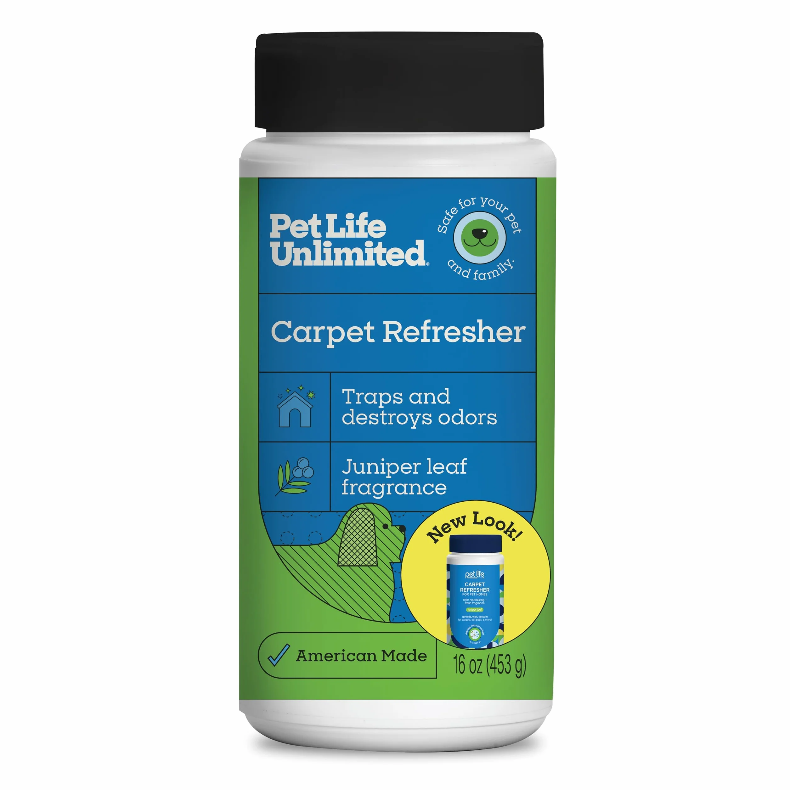 Pet Life Unlimited Polvo refrescante y desodorante para alfombras, seguro para mascotas, aroma de hoja de enebro a base de plantas, fabricado en Estados Unidos, 16 onzas (paquete de 1)