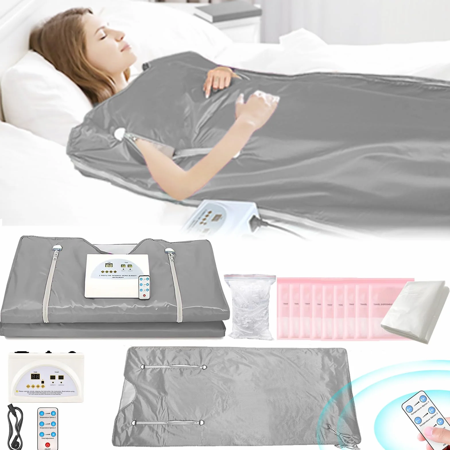 Manta Sauna Infrarrojos, Manta Sauna Infrarrojos 2 Zonas Con Cremallera 100 Gorros Ducha 10 Bolsas Baño Terapia Desintoxicación Sauna Manta Sauna Oxford Portátil Manta Calefactable con Control Remoto
